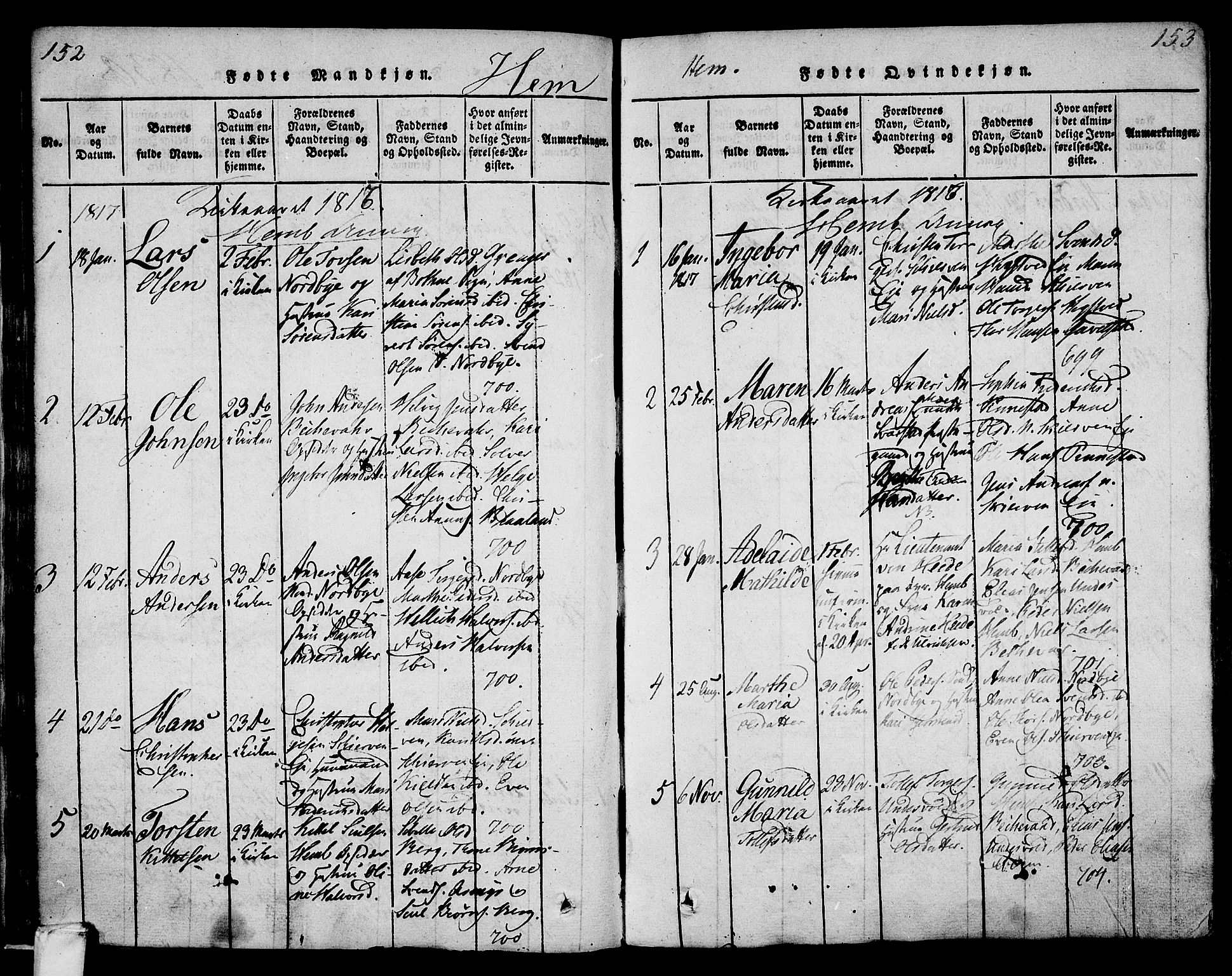 Lardal kirkebøker, SAKO/A-350/F/Fa/L0005: Parish register (official) no. I 5, 1814-1835, p. 152-153