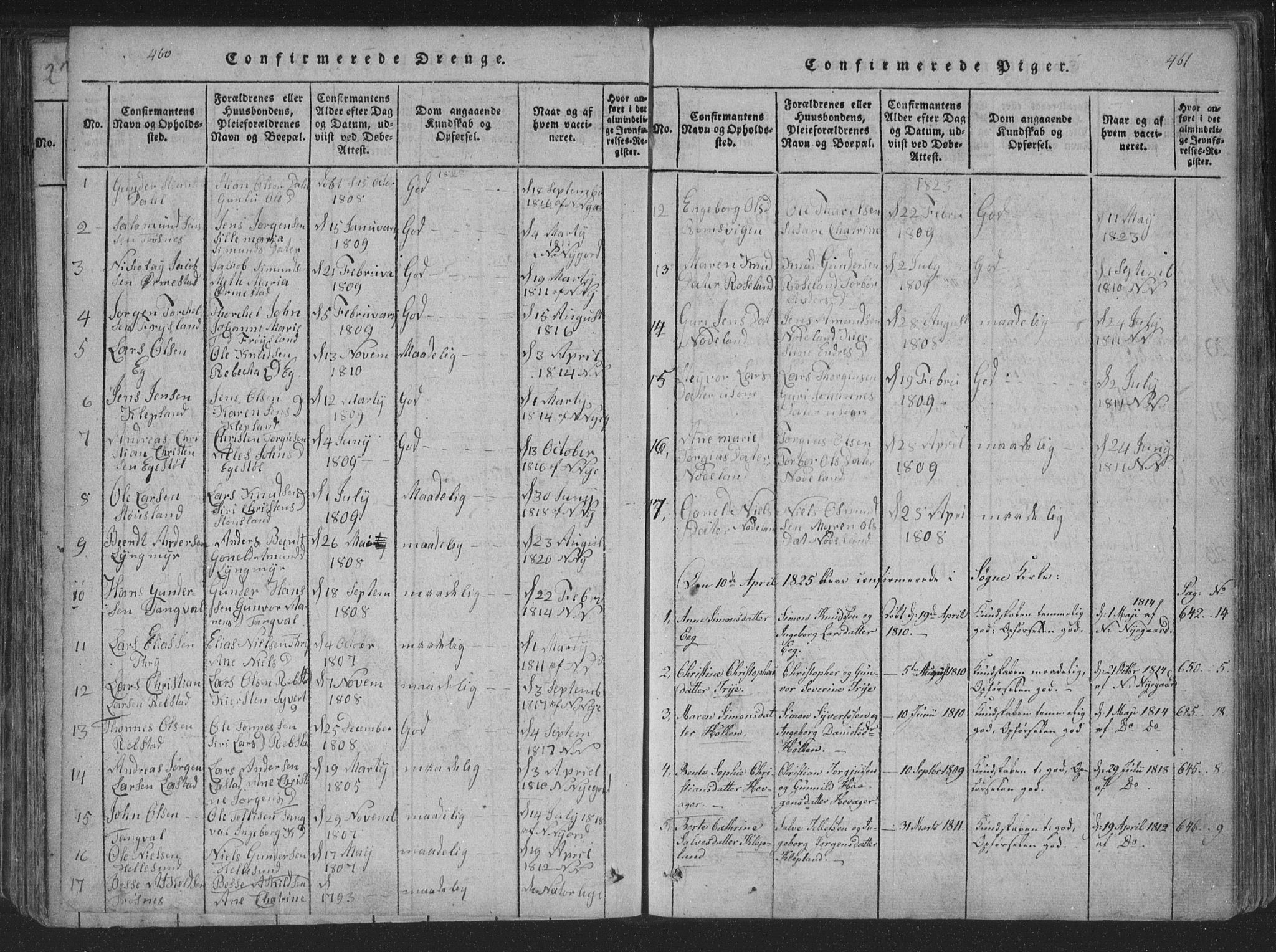 Søgne sokneprestkontor, SAK/1111-0037/F/Fa/Fab/L0008: Parish register (official) no. A 8, 1821-1838, p. 460-461