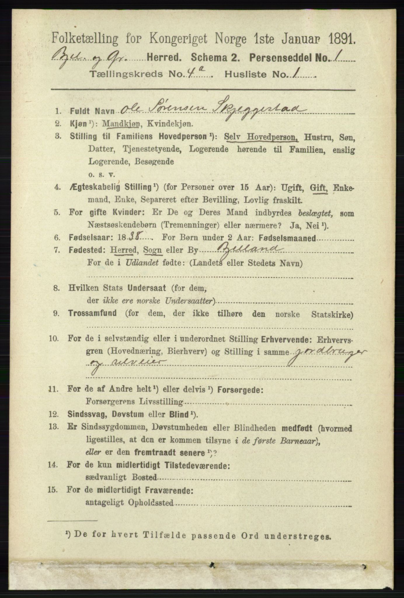 RA, 1891 census for 1024 Bjelland og Grindheim, 1891, p. 2081