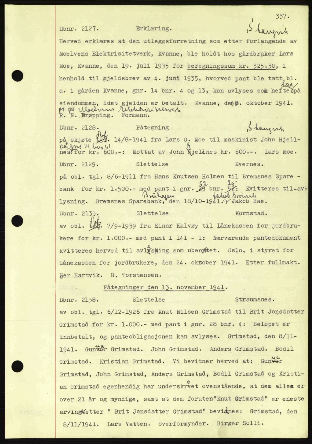 Nordmøre sorenskriveri, AV/SAT-A-4132/1/2/2Ca: Mortgage book no. C81, 1940-1945, Diary no: : 2127/1941