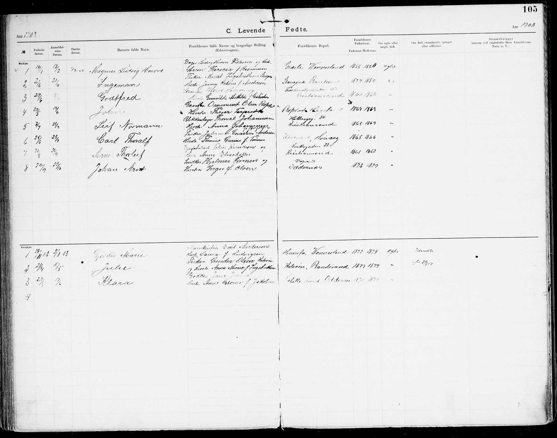 Den evangelisk-lutherske frikirke, Kristiansand, SAK/1292-0017/F/Fa/L0003: Dissenter register no. F 11, 1892-1925, p. 105