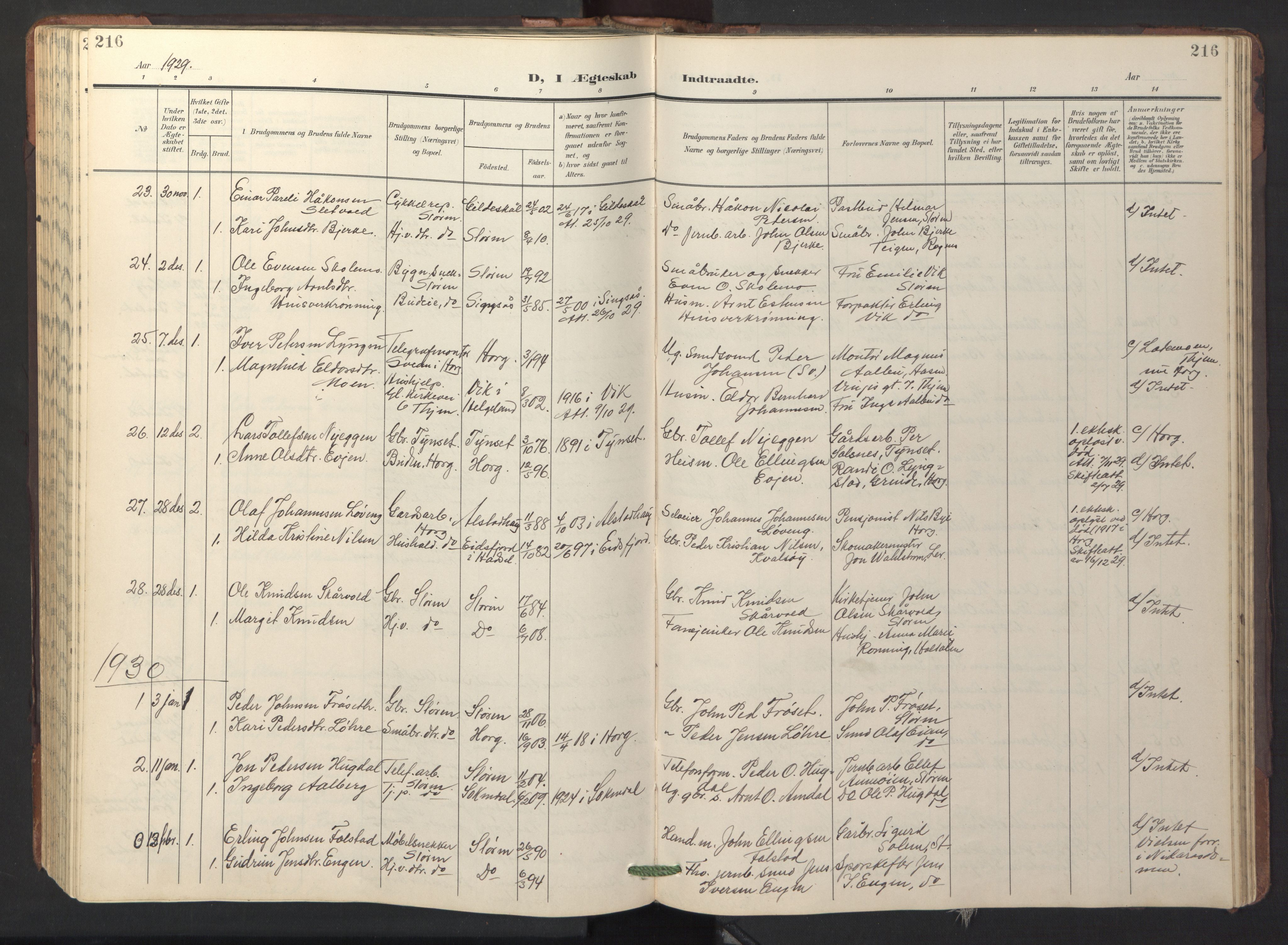 Ministerialprotokoller, klokkerbøker og fødselsregistre - Sør-Trøndelag, SAT/A-1456/687/L1019: Parish register (copy) no. 687C03, 1904-1931, p. 216