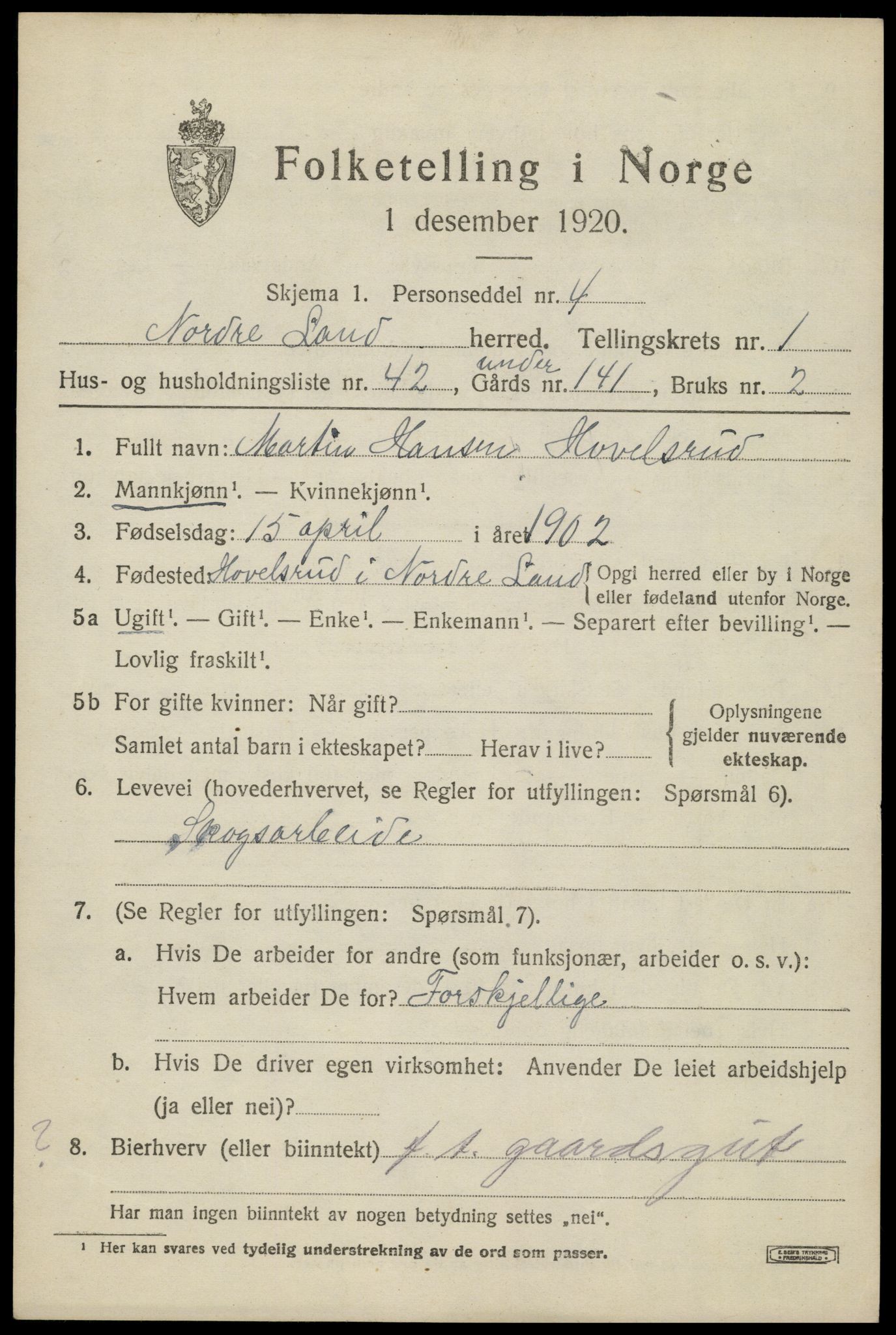 SAH, 1920 census for Nordre Land, 1920, p. 1580