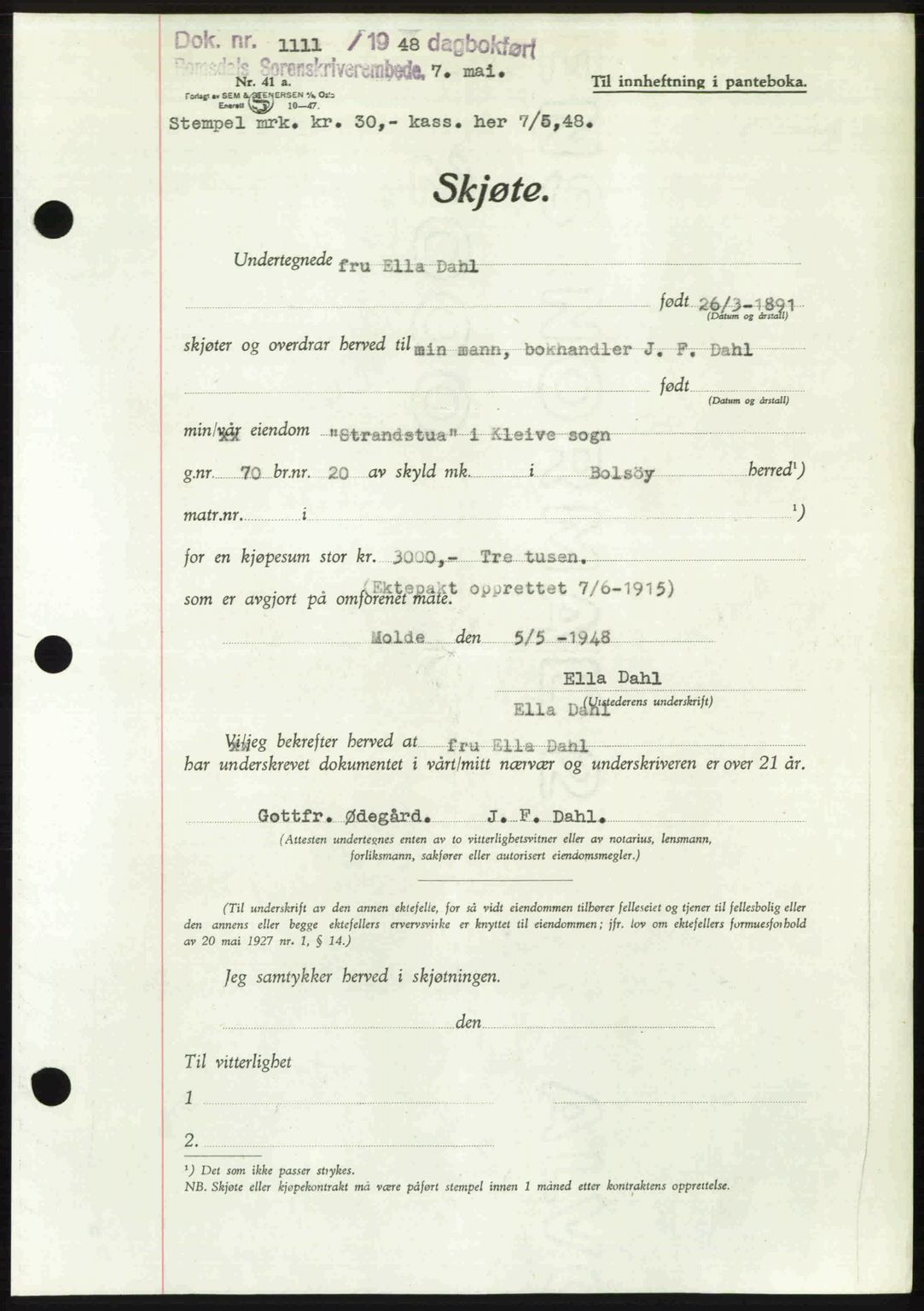 Romsdal sorenskriveri, AV/SAT-A-4149/1/2/2C: Mortgage book no. A26, 1948-1948, Diary no: : 1111/1948