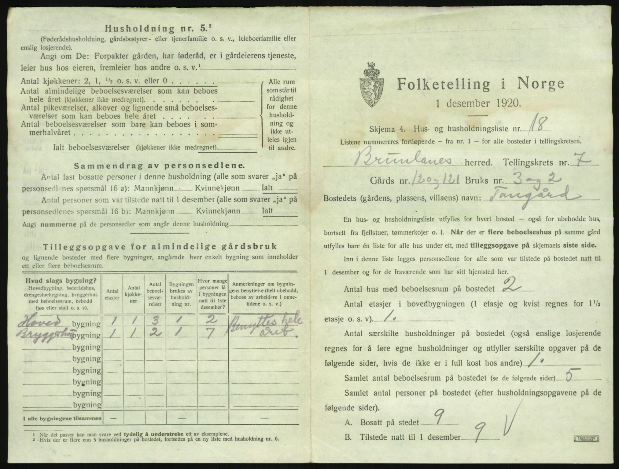 SAKO, 1920 census for Brunlanes, 1920, p. 957