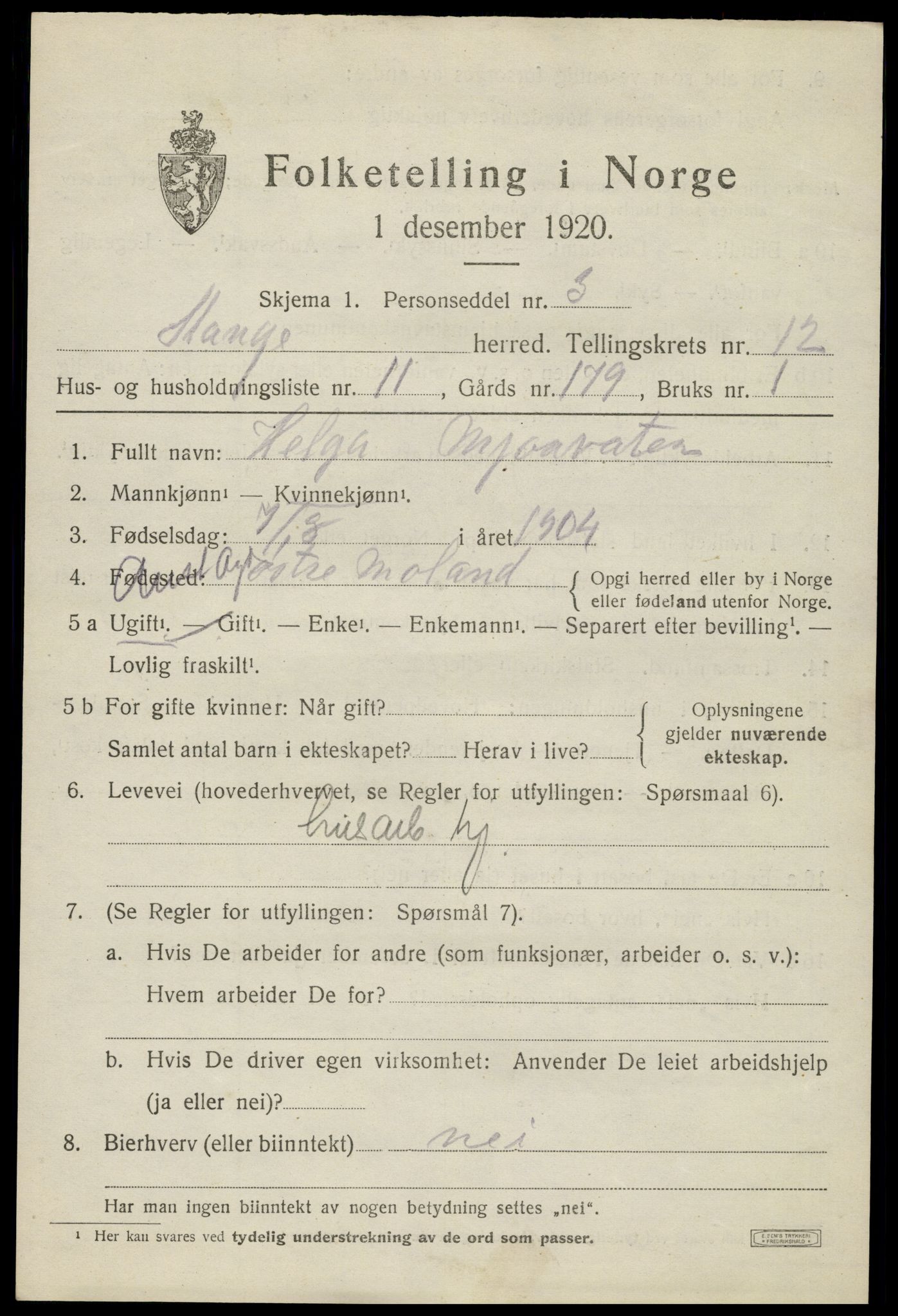 SAH, 1920 census for Stange, 1920, p. 18393