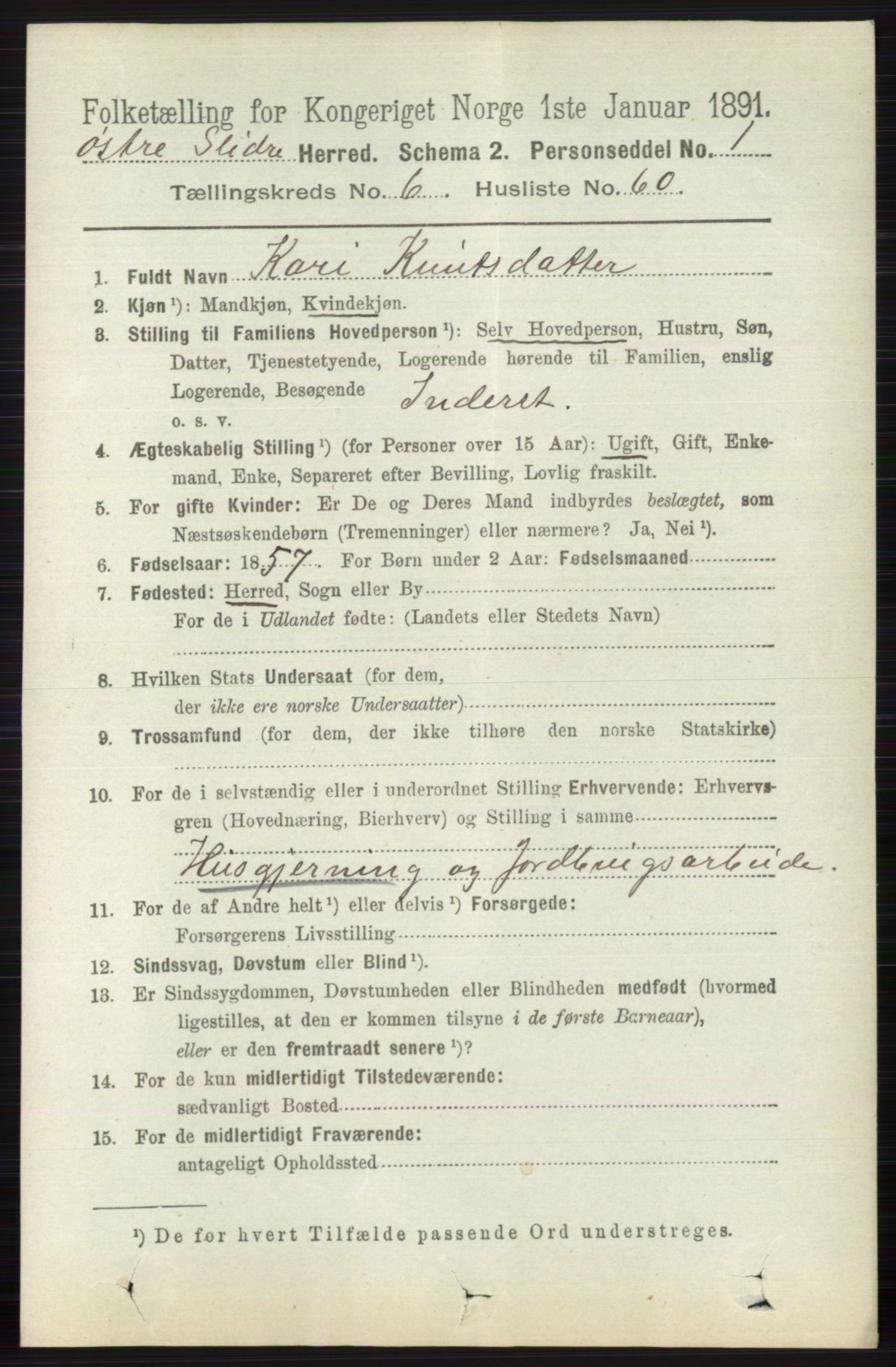 RA, 1891 census for 0544 Øystre Slidre, 1891, p. 2110