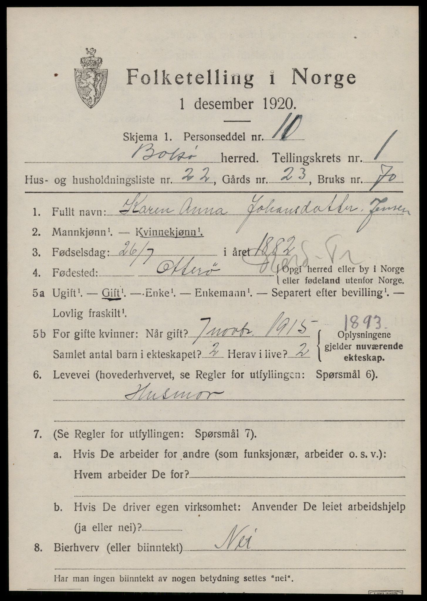 SAT, 1920 census for Bolsøy, 1920, p. 1867