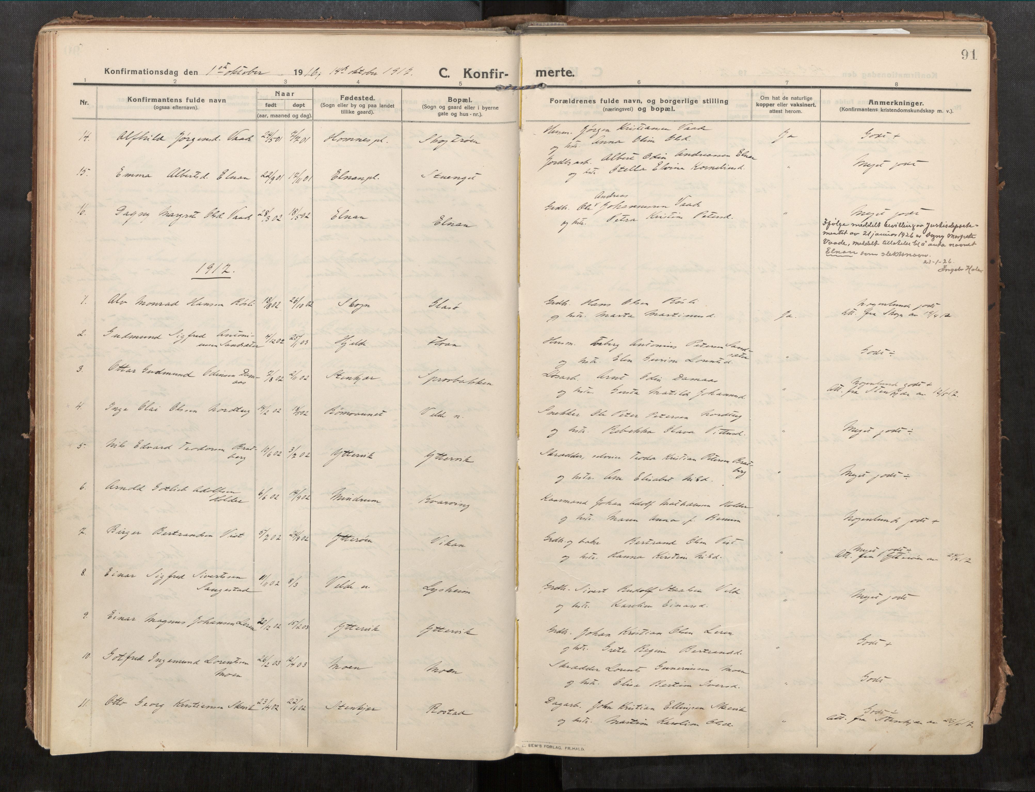 Beitstad sokneprestkontor, SAT/A-1162/I/I1/I1a/L0001: Parish register (official) no. 1, 1912-1927, p. 91