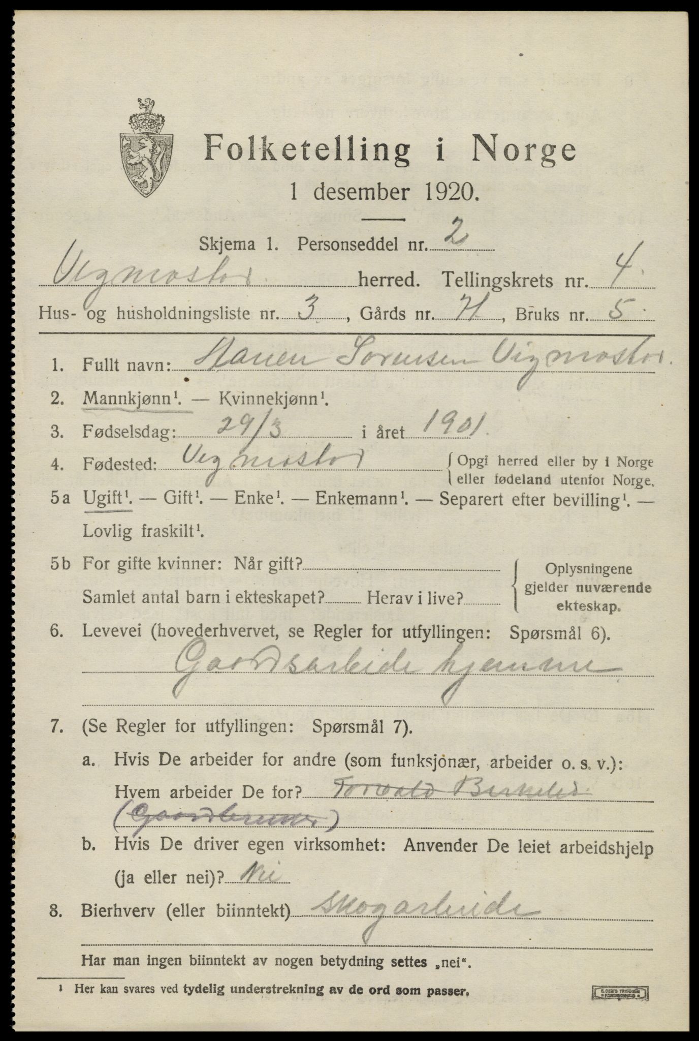 SAK, 1920 census for Vigmostad, 1920, p. 1233