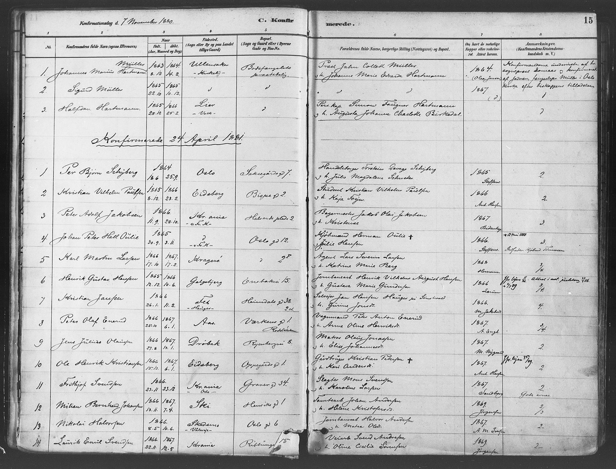 Gamlebyen prestekontor Kirkebøker, AV/SAO-A-10884/F/Fa/L0006: Parish register (official) no. 6, 1881-1890, p. 15