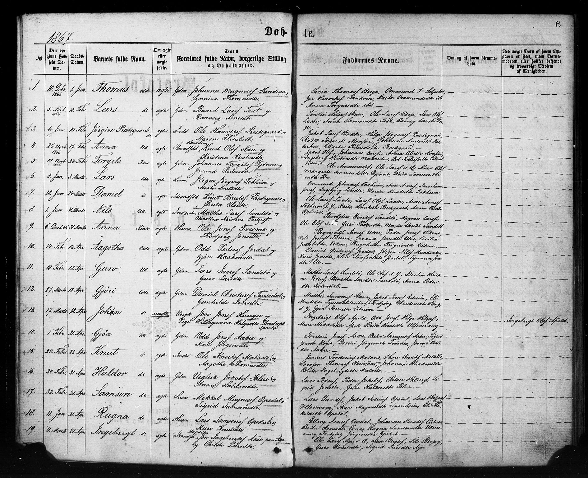 Ullensvang sokneprestembete, SAB/A-78701/H/Haa: Parish register (official) no. A 12, 1867-1881, p. 6