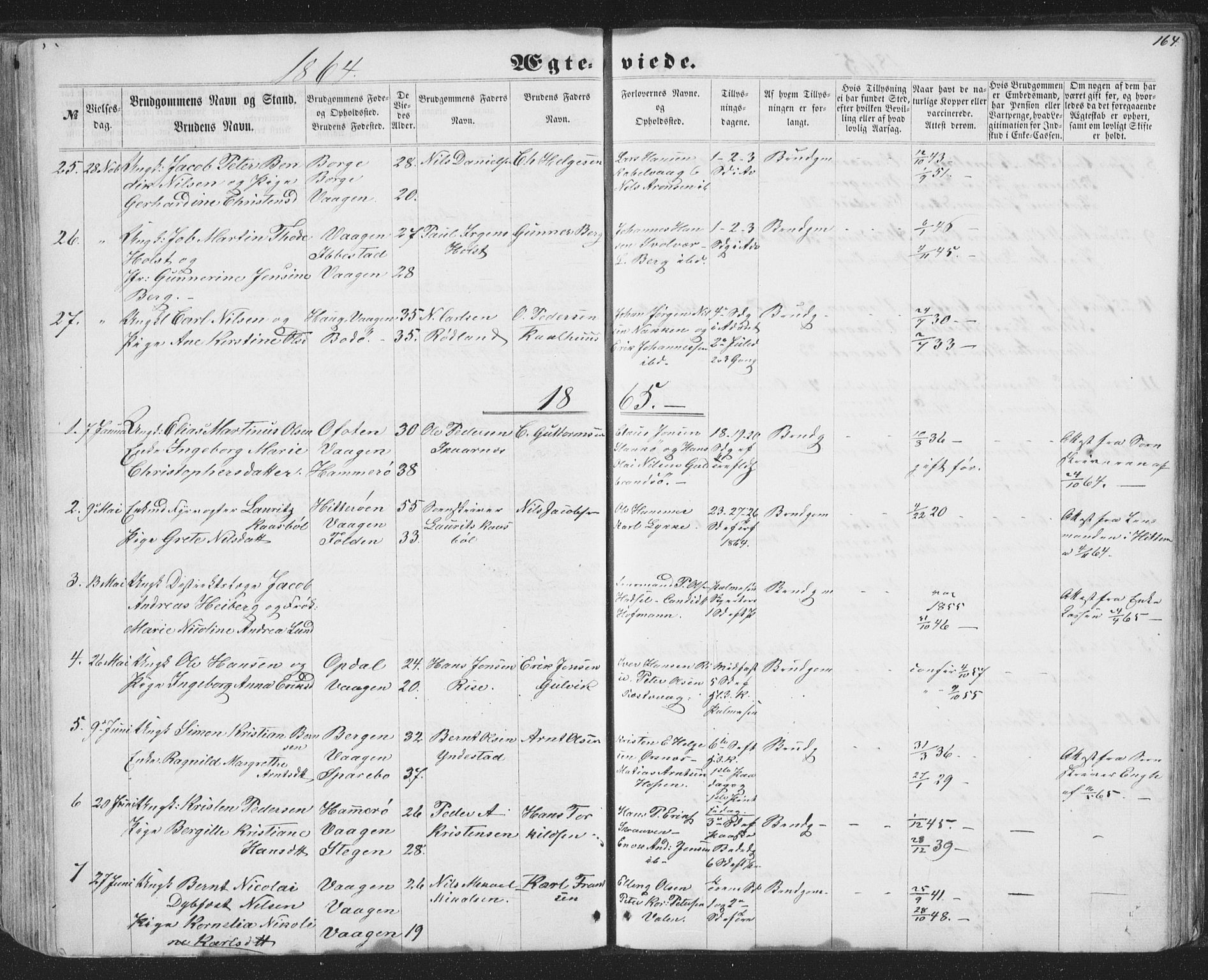 Ministerialprotokoller, klokkerbøker og fødselsregistre - Nordland, AV/SAT-A-1459/874/L1073: Parish register (copy) no. 874C02, 1860-1870, p. 164