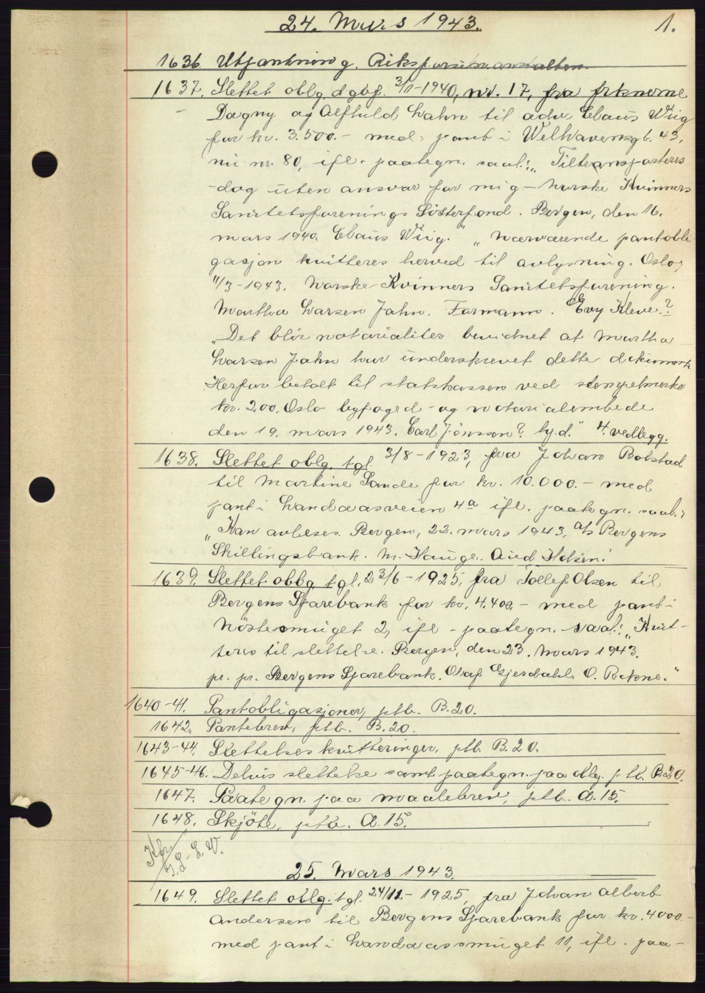 Byfogd og Byskriver i Bergen, SAB/A-3401/03: Mortgage book no. C 20, 1943-1943, Diary no: : 1636/1943