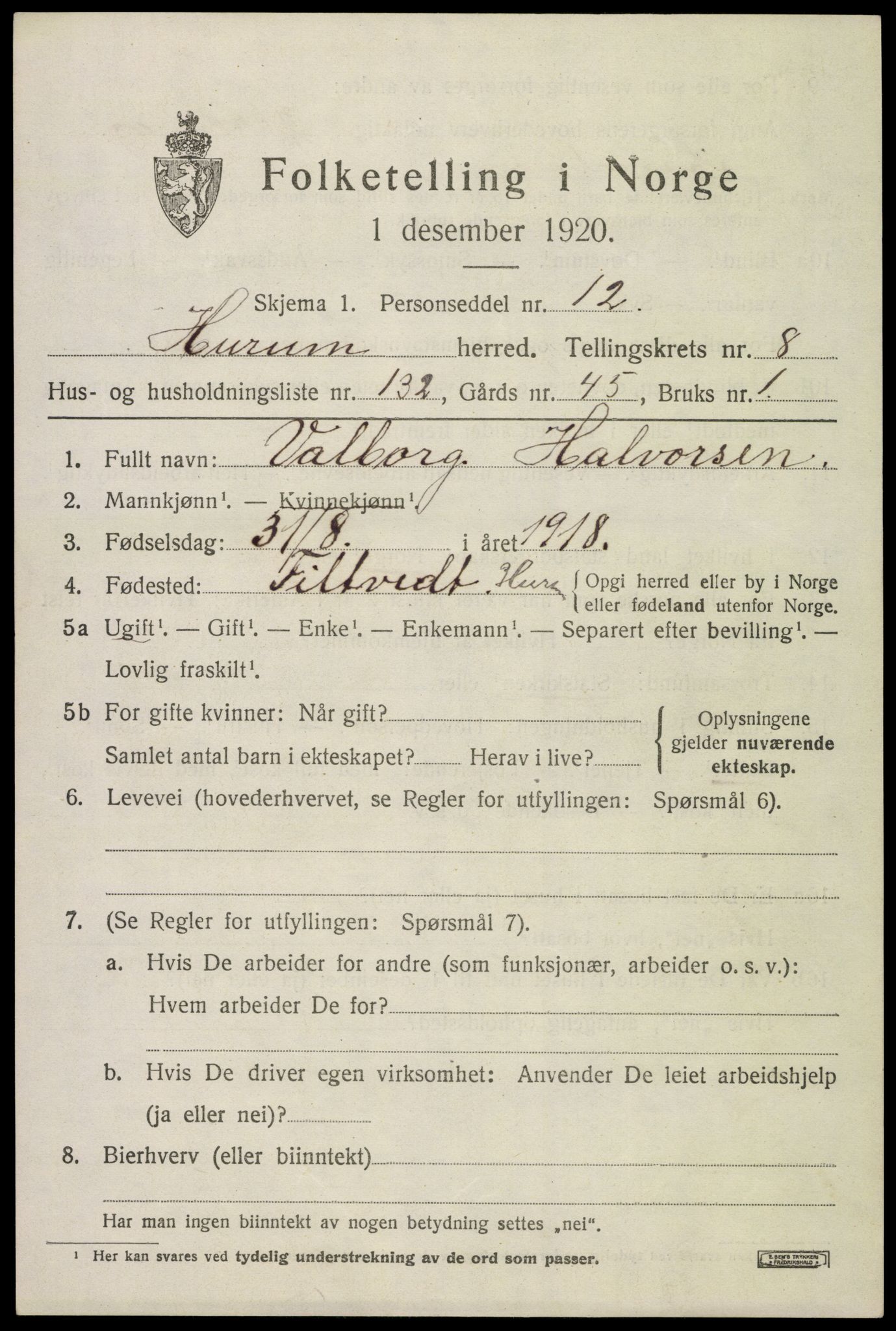 SAKO, 1920 census for Hurum, 1920, p. 11844