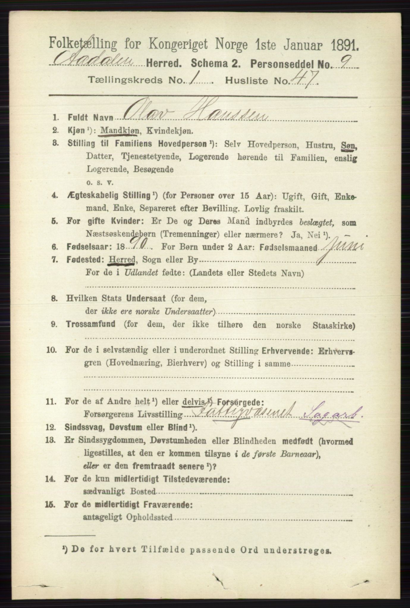 RA, 1891 census for 0614 Ådal, 1891, p. 579