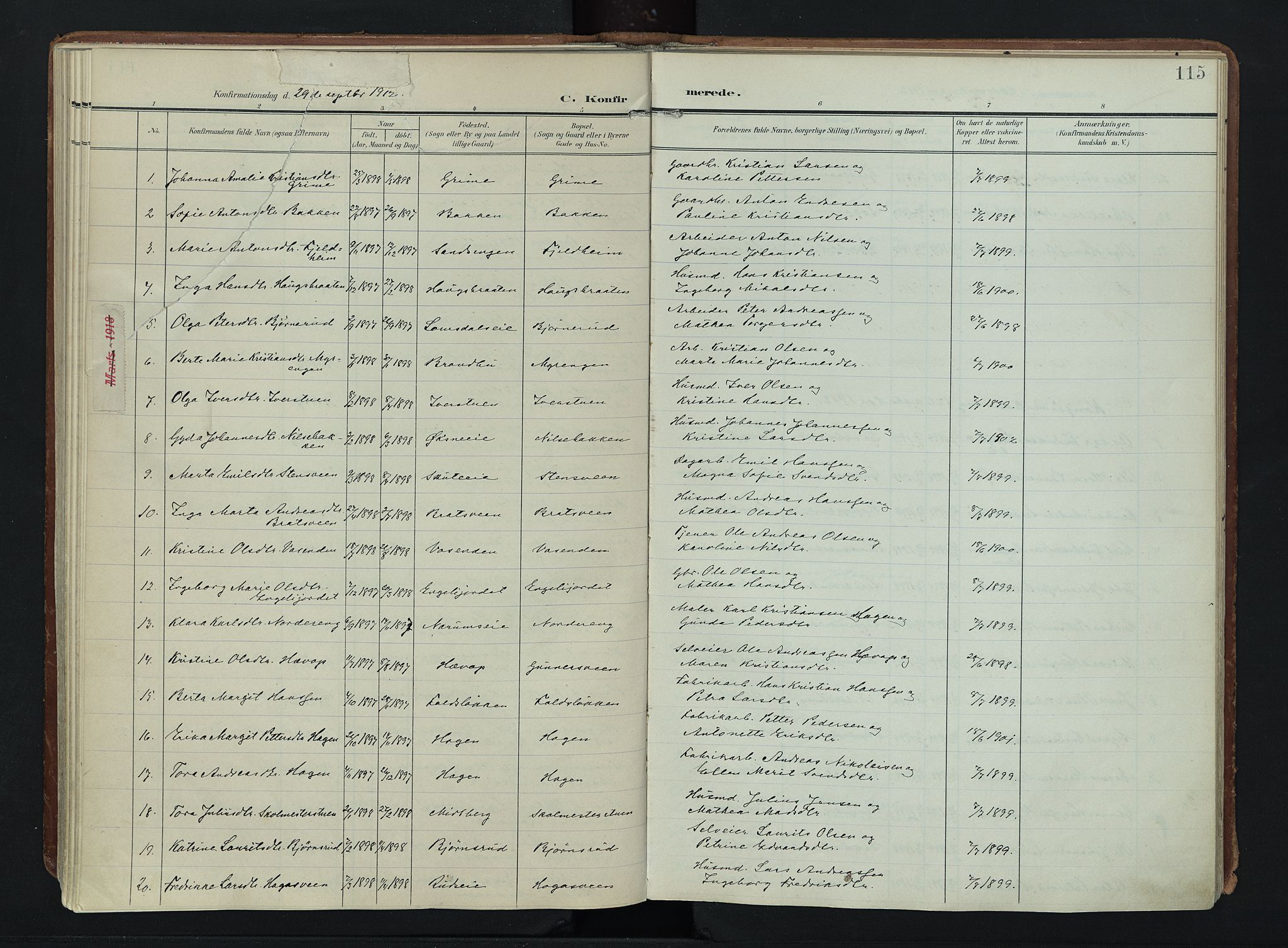 Søndre Land prestekontor, SAH/PREST-122/K/L0007: Parish register (official) no. 7, 1905-1914, p. 115