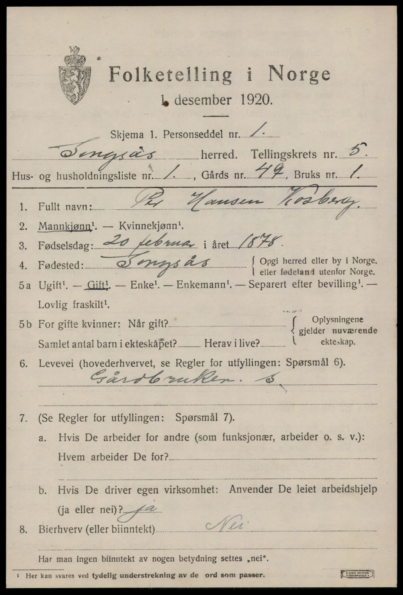 SAT, 1920 census for Singsås, 1920, p. 3017