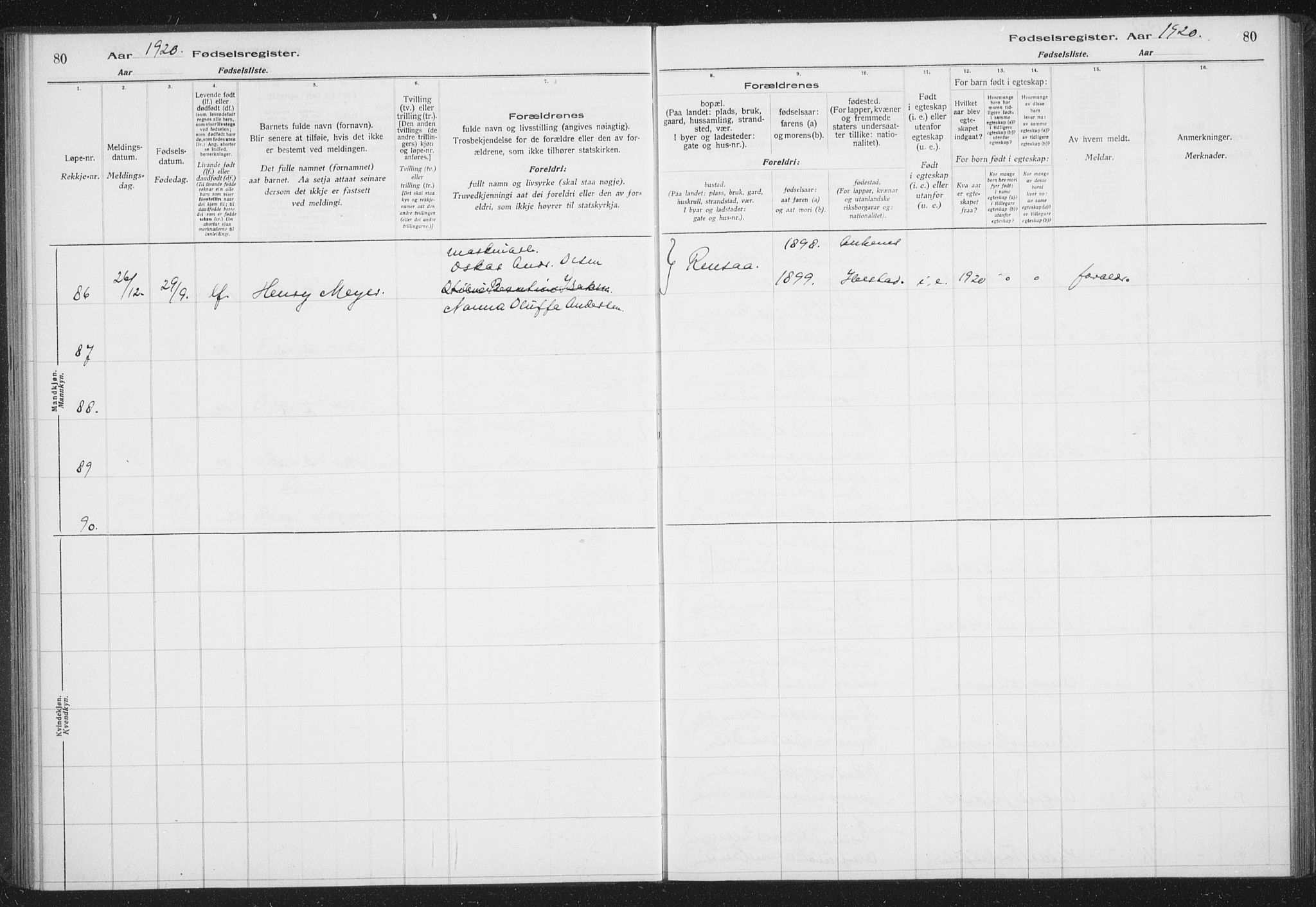 Ibestad sokneprestembete, AV/SATØ-S-0077/I/Ic/L0061: Birth register no. 61, 1917-1929, p. 80