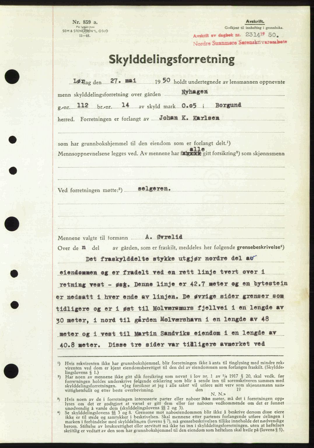 Nordre Sunnmøre sorenskriveri, AV/SAT-A-0006/1/2/2C/2Ca: Mortgage book no. A36, 1950-1950, Diary no: : 2314/1950