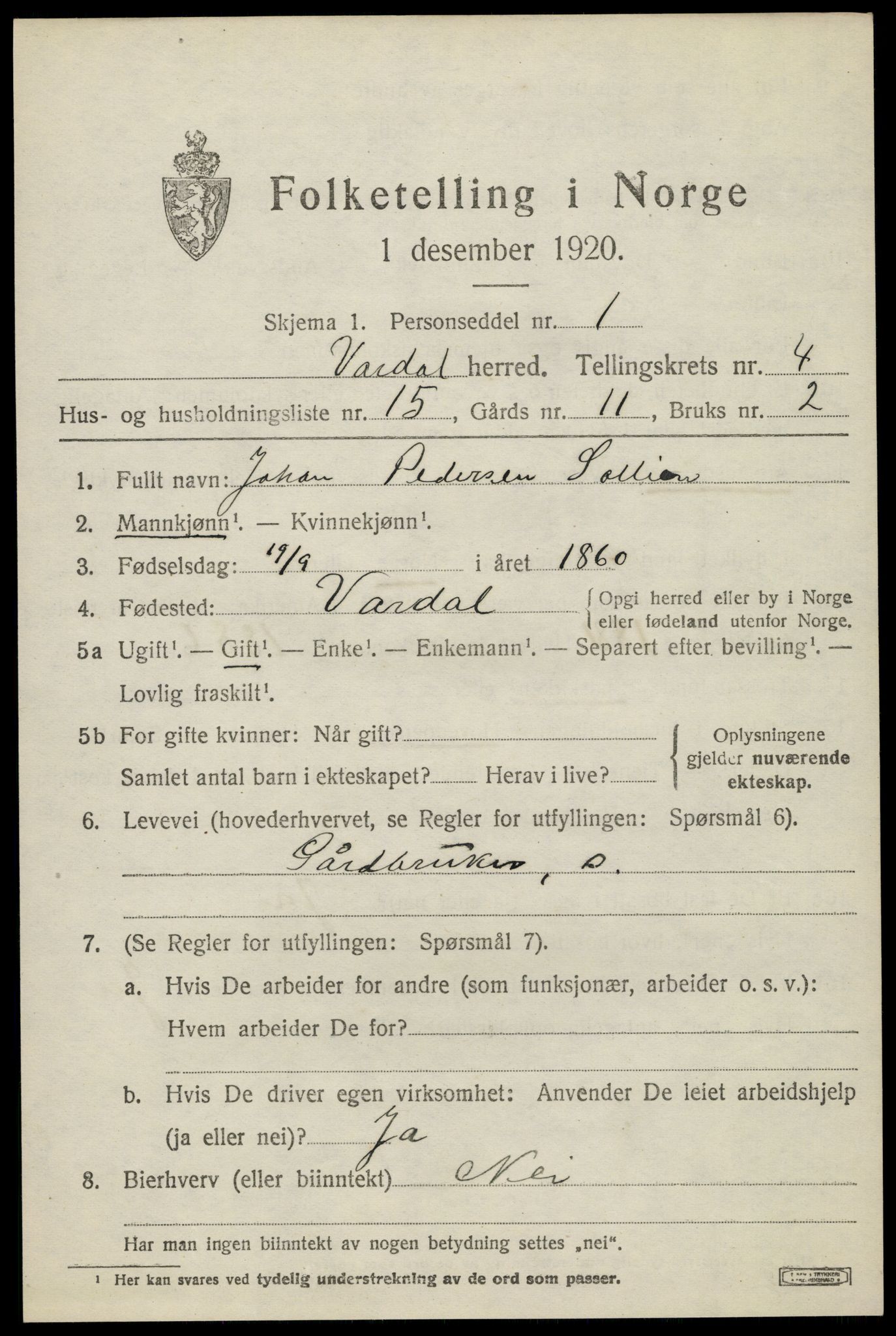 SAH, 1920 census for Vardal, 1920, p. 2989