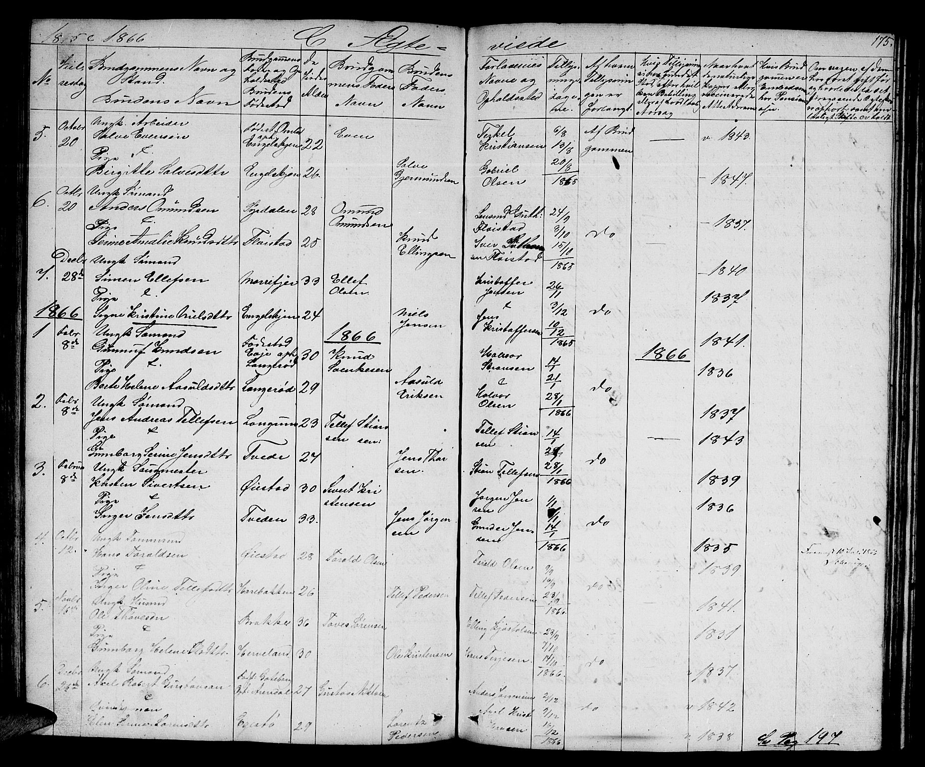 Austre Moland sokneprestkontor, SAK/1111-0001/F/Fb/Fba/L0001: Parish register (copy) no. B 1, 1842-1868, p. 175