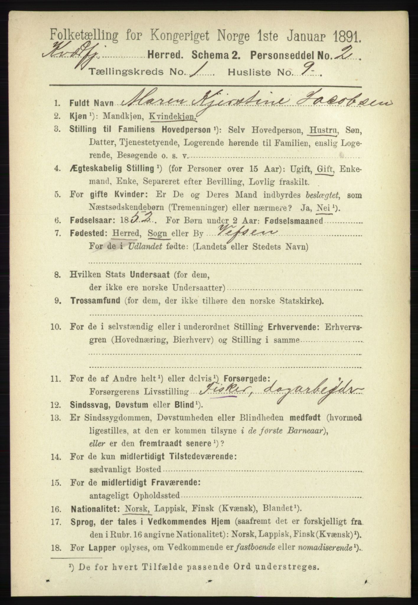 RA, 1891 census for 1911 Kvæfjord, 1891, p. 155