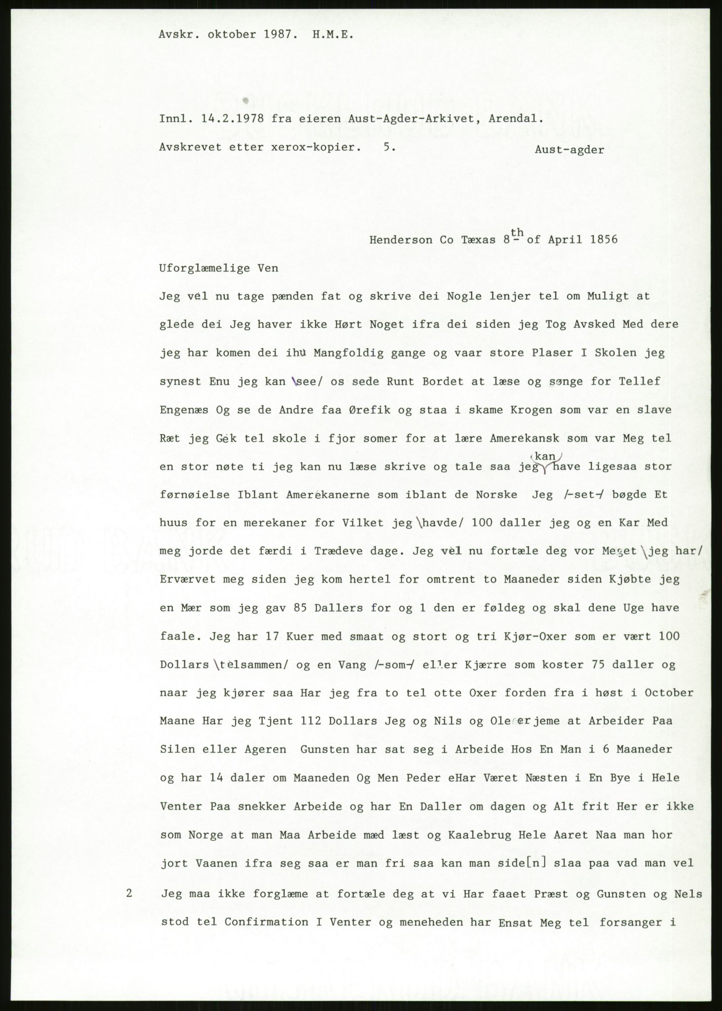 Samlinger til kildeutgivelse, Amerikabrevene, AV/RA-EA-4057/F/L0026: Innlån fra Aust-Agder: Aust-Agder-Arkivet - Erickson, 1838-1914, p. 87