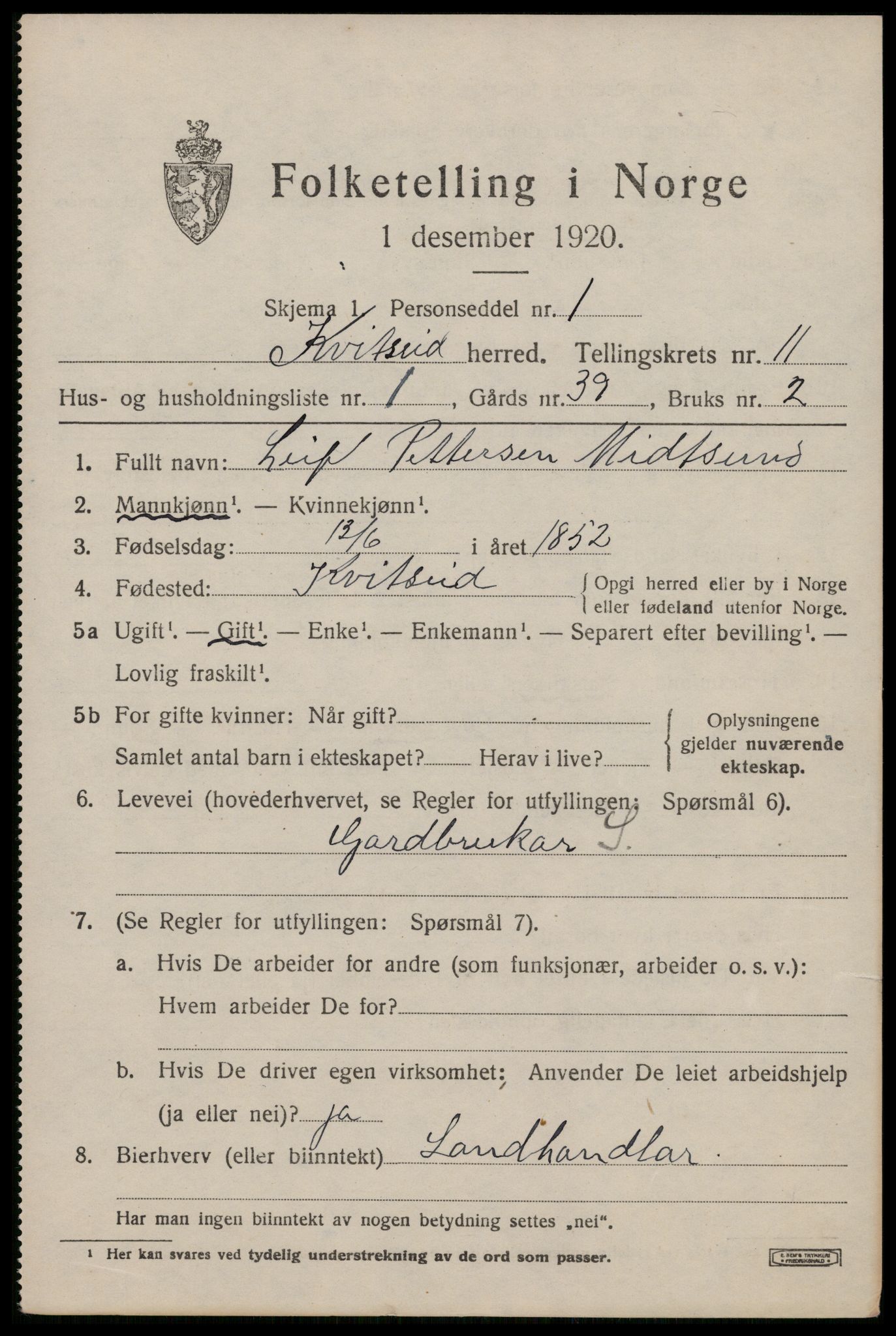 SAKO, 1920 census for Kviteseid, 1920, p. 5235