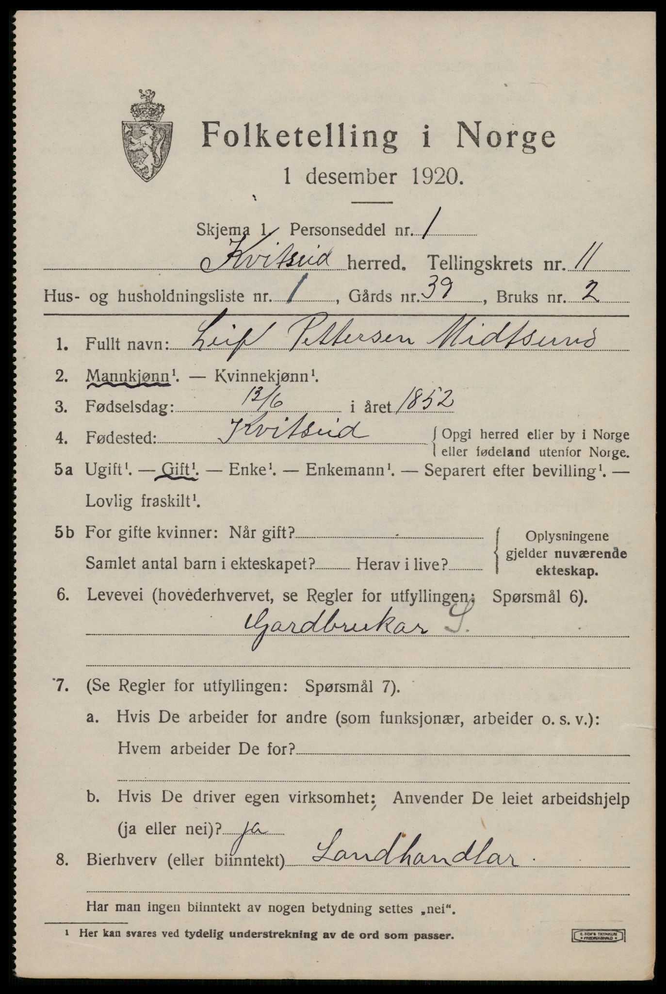 SAKO, 1920 census for Kviteseid, 1920, p. 5235