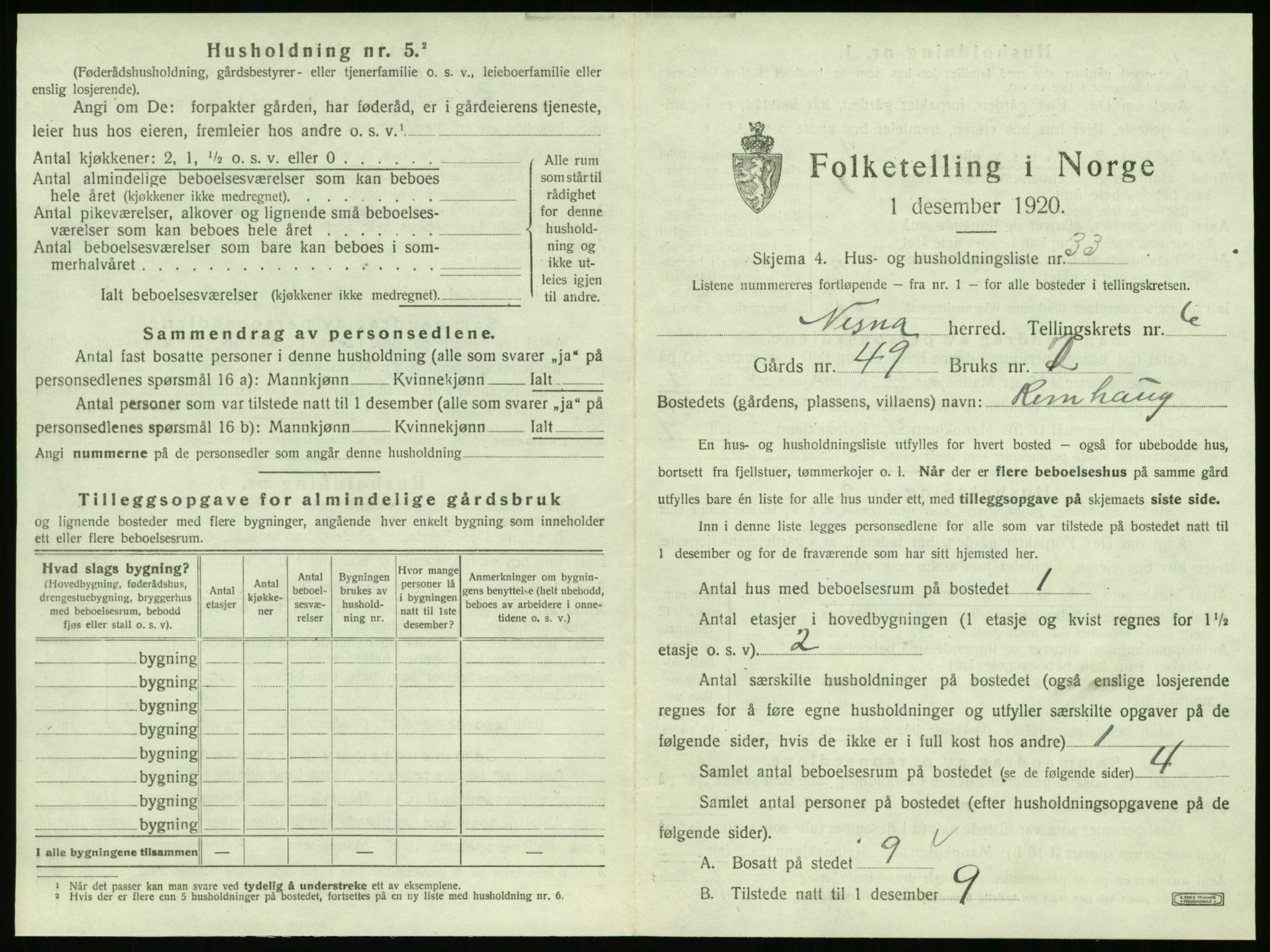 SAT, 1920 census for Nesna, 1920, p. 707