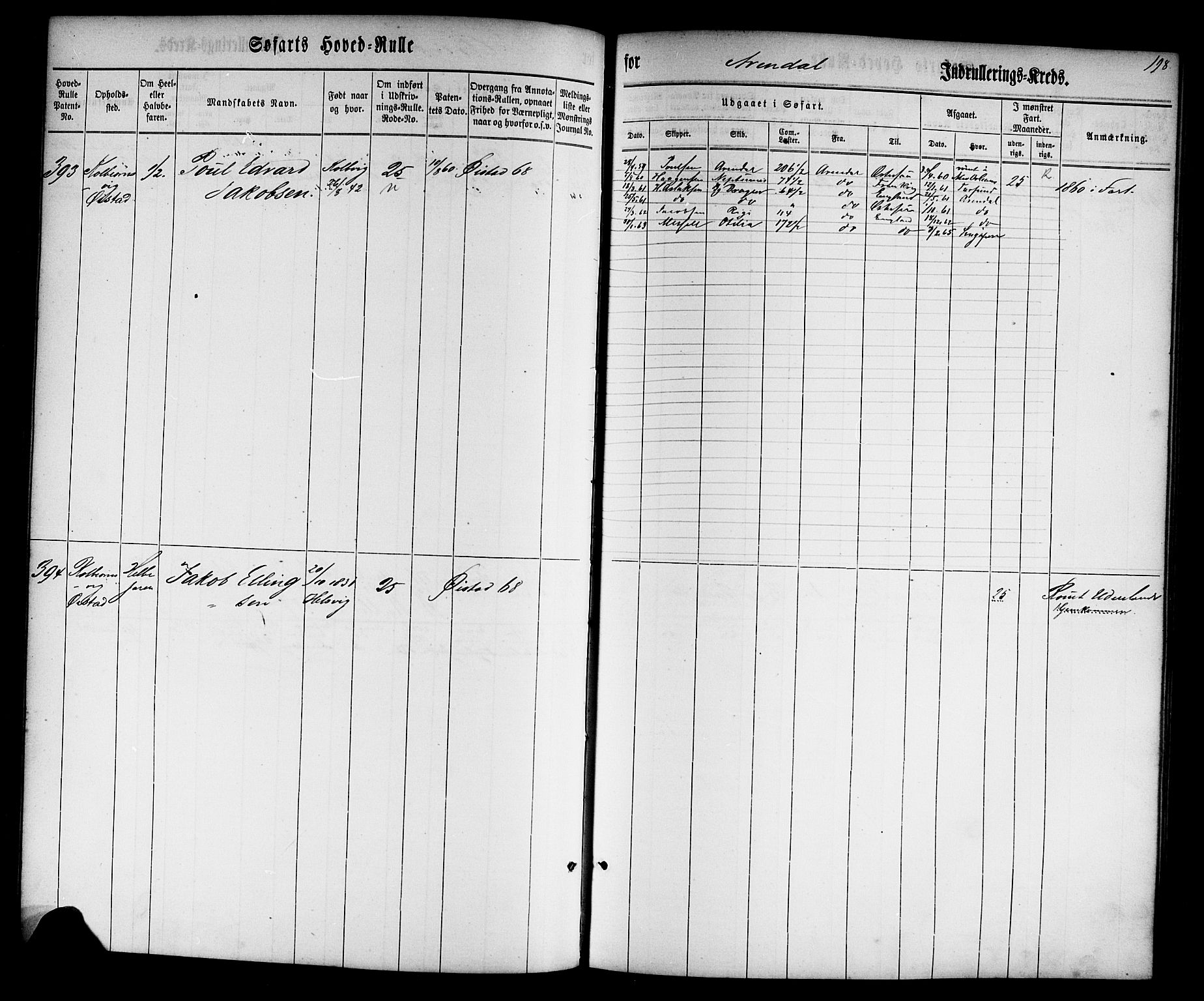 Arendal mønstringskrets, AV/SAK-2031-0012/F/Fb/L0001: Hovedrulle nr 1-766 uten register, E-2, 1860-1868, p. 207