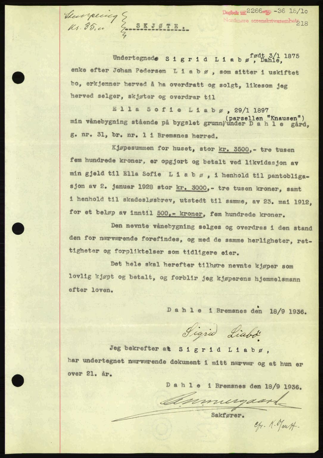 Nordmøre sorenskriveri, AV/SAT-A-4132/1/2/2Ca: Mortgage book no. A80, 1936-1937, Diary no: : 2266/1936