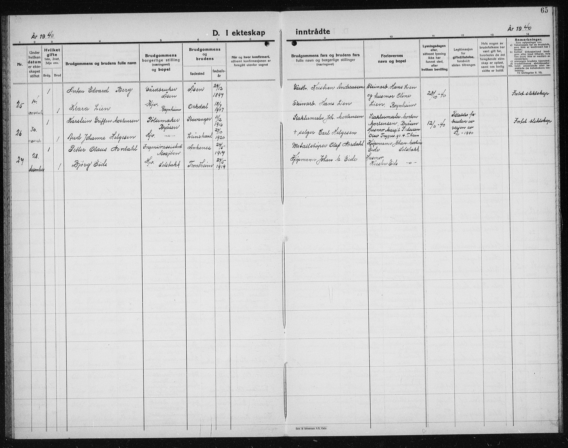 Ministerialprotokoller, klokkerbøker og fødselsregistre - Sør-Trøndelag, AV/SAT-A-1456/611/L0357: Parish register (copy) no. 611C05, 1938-1942, p. 65