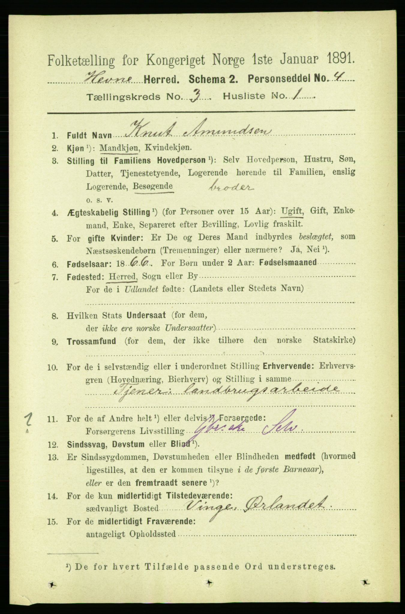 RA, 1891 census for 1612 Hemne, 1891, p. 1380