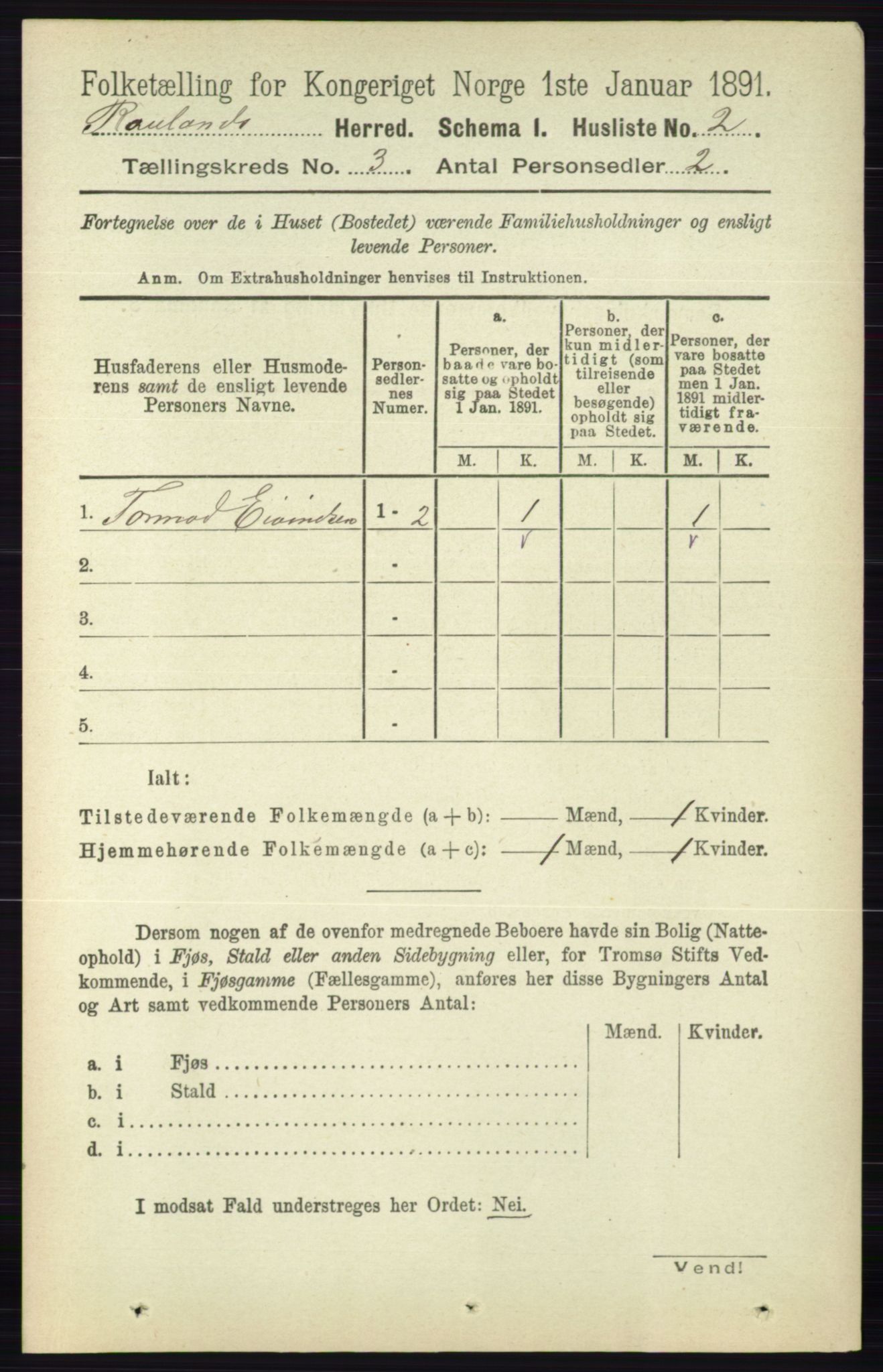 RA, 1891 census for 0835 Rauland, 1891, p. 738