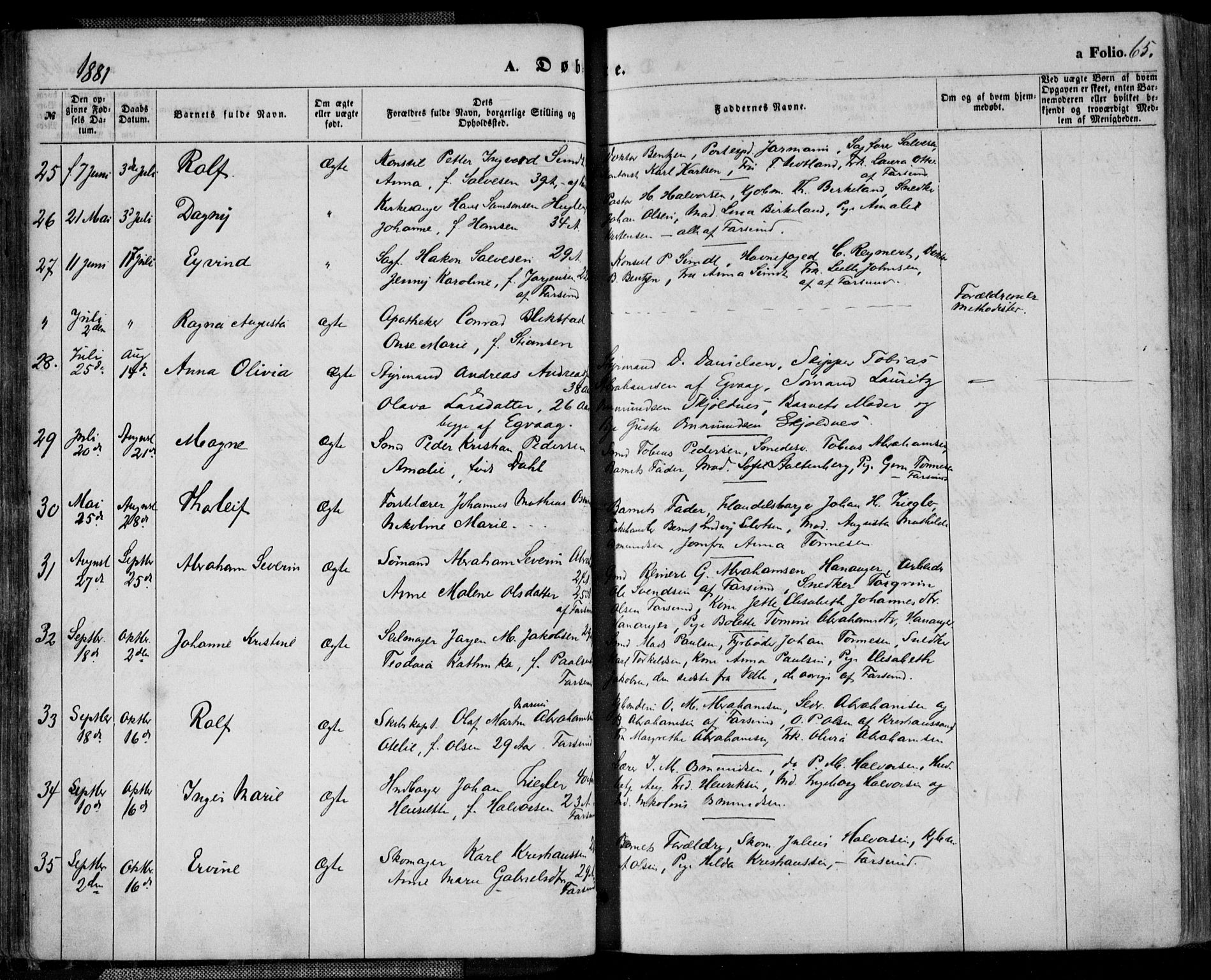 Farsund sokneprestkontor, AV/SAK-1111-0009/F/Fa/L0005: Parish register (official) no. A 5, 1863-1886, p. 65