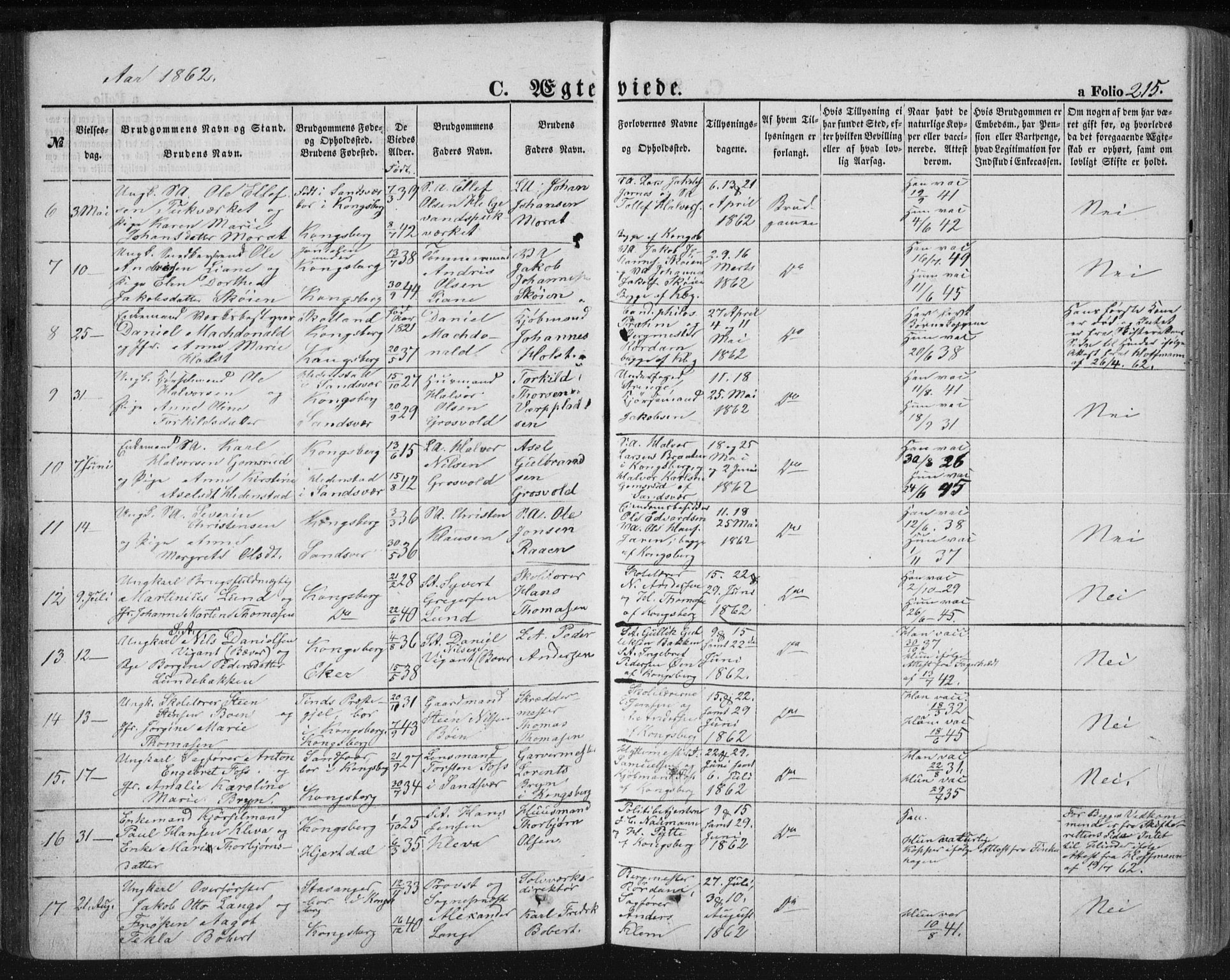 Kongsberg kirkebøker, SAKO/A-22/F/Fa/L0010: Parish register (official) no. I 10, 1859-1875, p. 215