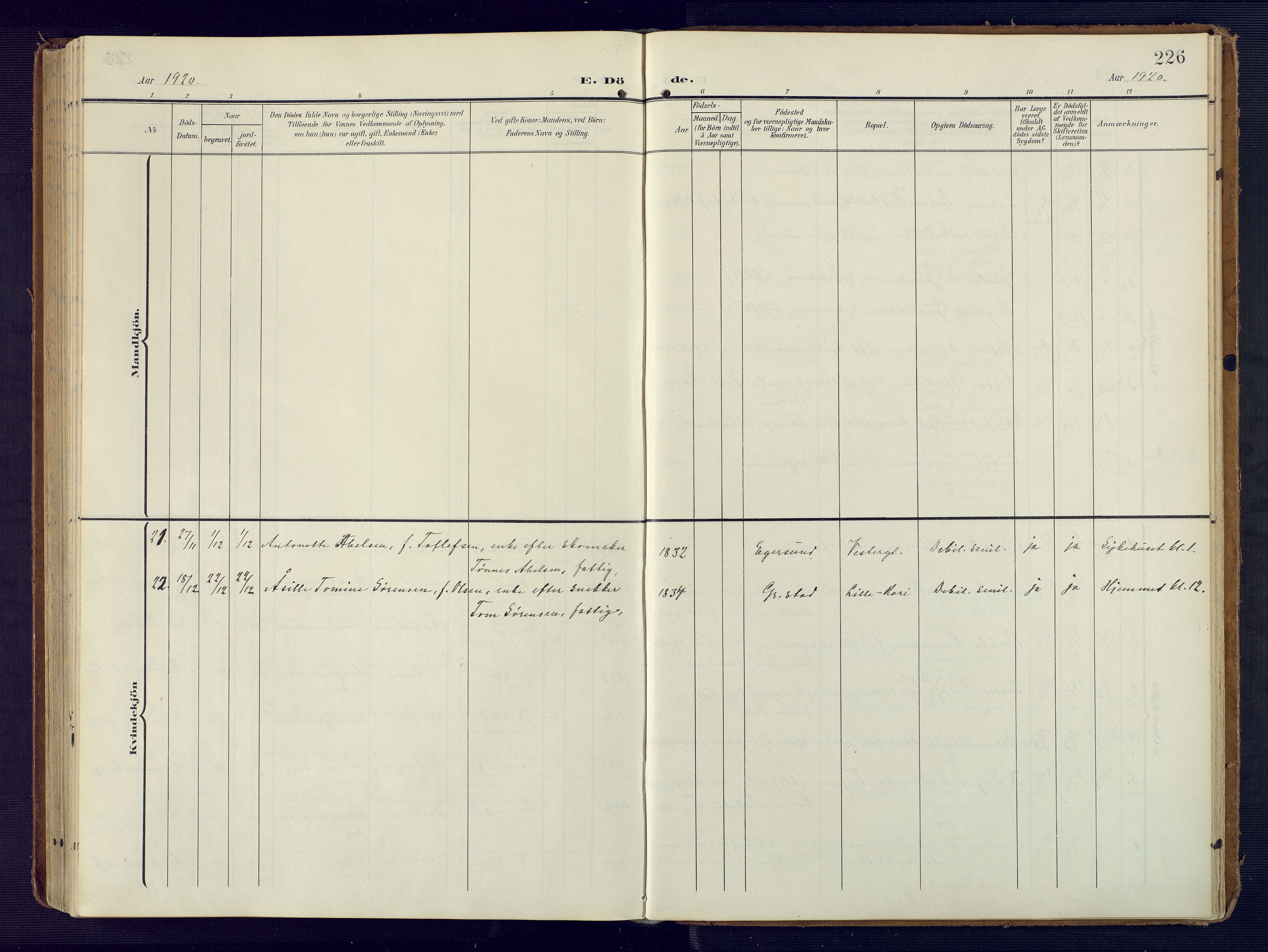 Grimstad sokneprestkontor, SAK/1111-0017/F/Fa/L0005: Parish register (official) no. A 4, 1911-1924, p. 226