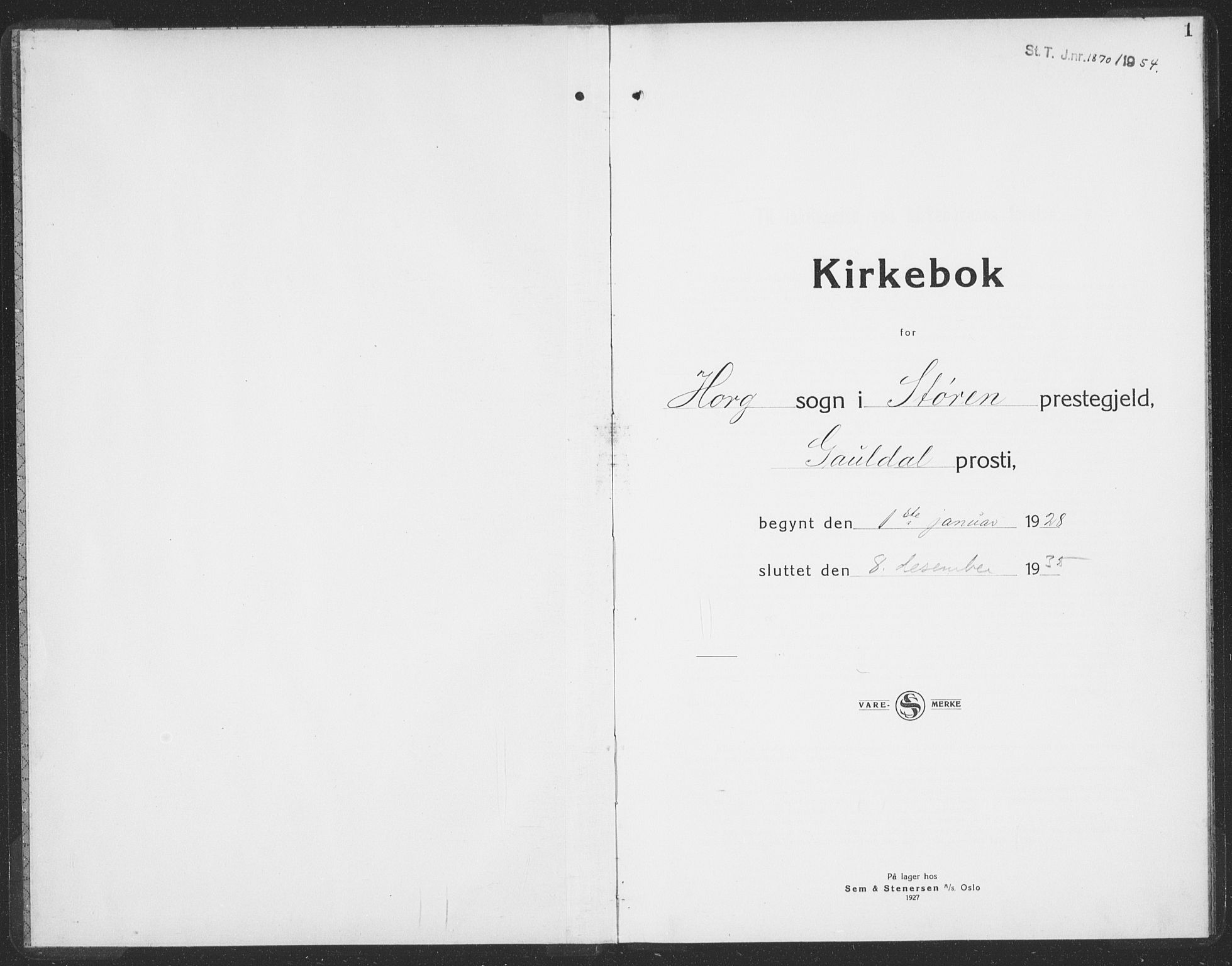 Ministerialprotokoller, klokkerbøker og fødselsregistre - Sør-Trøndelag, SAT/A-1456/692/L1114: Parish register (copy) no. 692C09, 1928-1935, p. 1