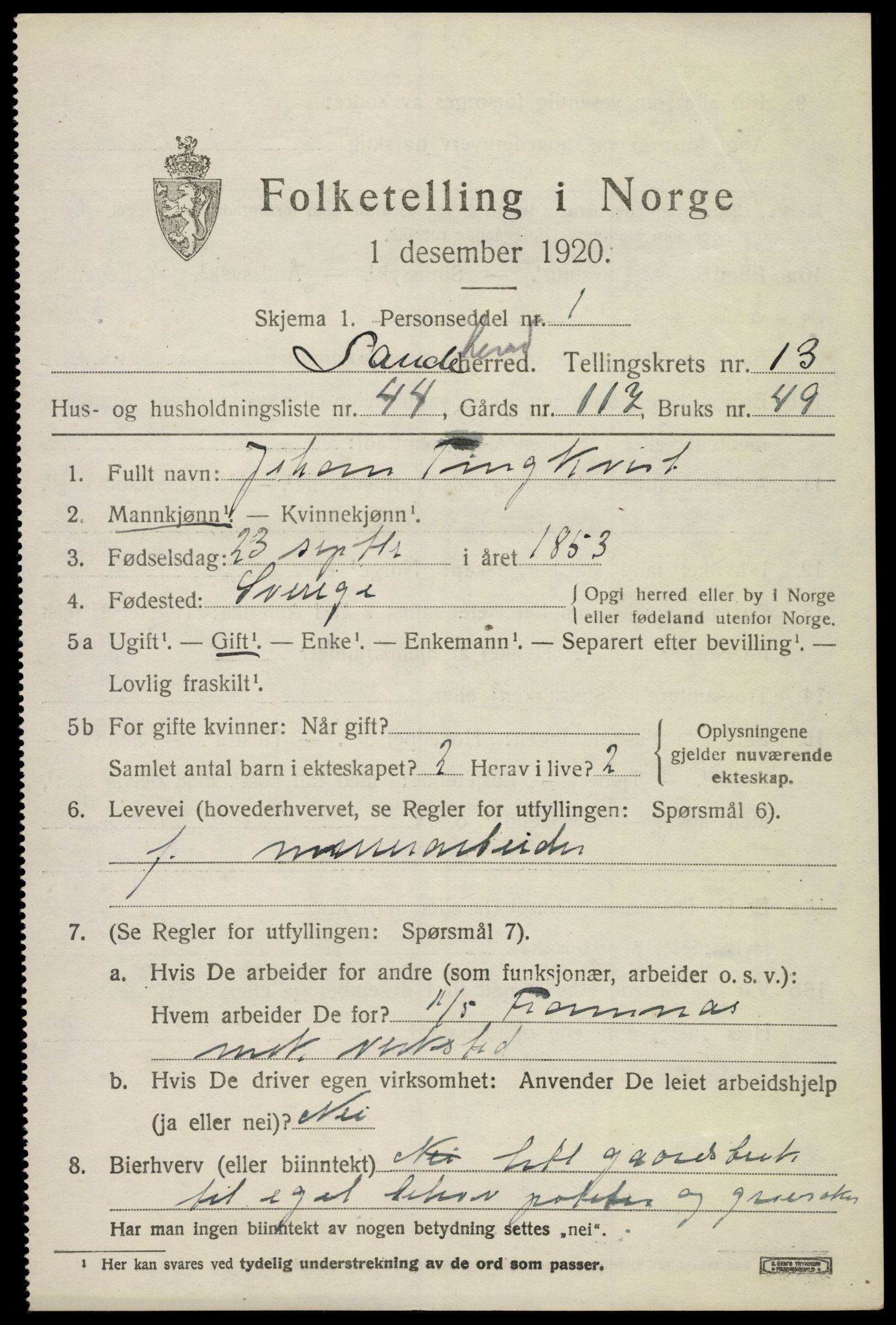 SAKO, 1920 census for Sandeherred, 1920, p. 19834
