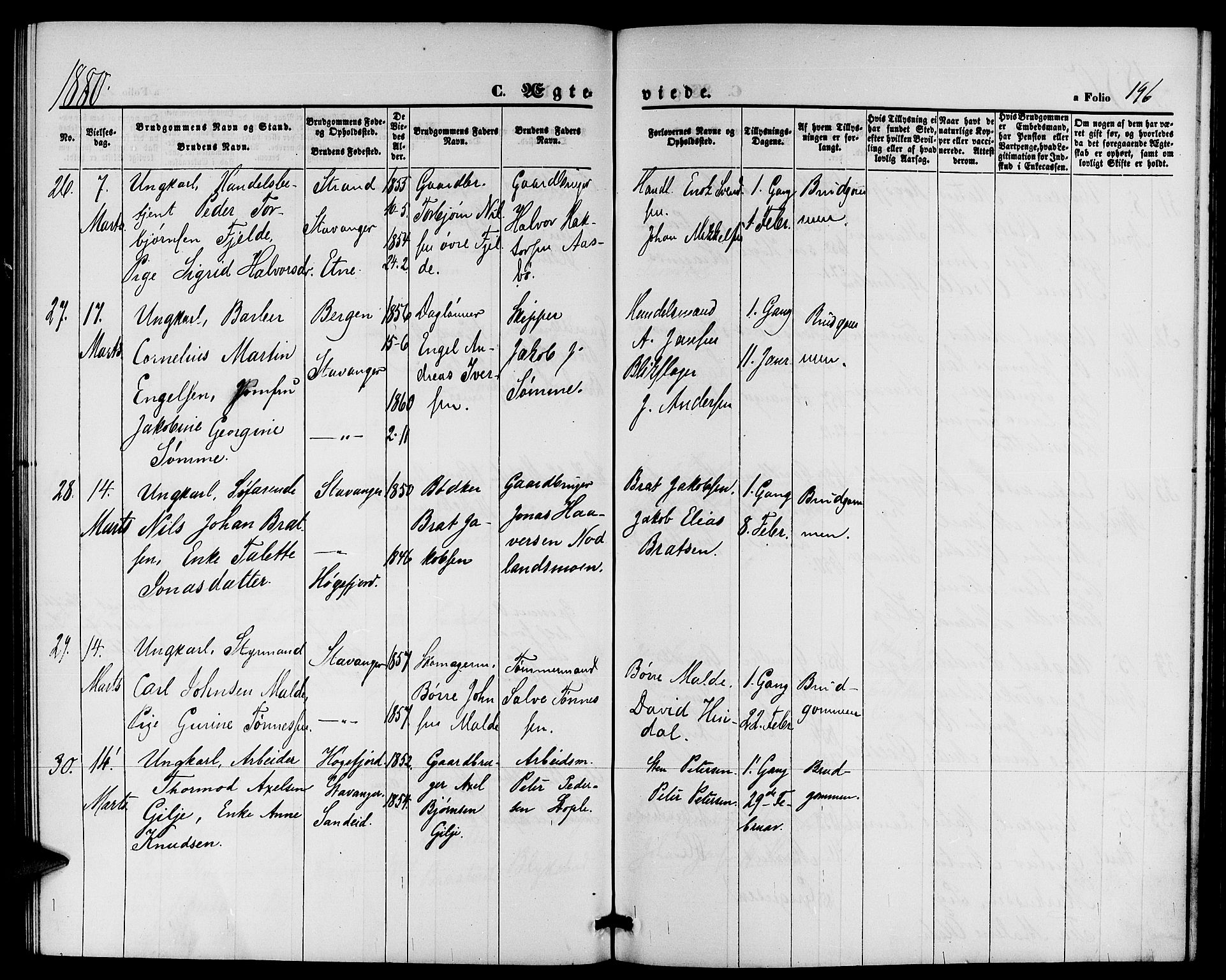 St. Petri sokneprestkontor, AV/SAST-A-101813/001/30/30BB/L0002: Parish register (copy) no. B 2, 1865-1885, p. 196