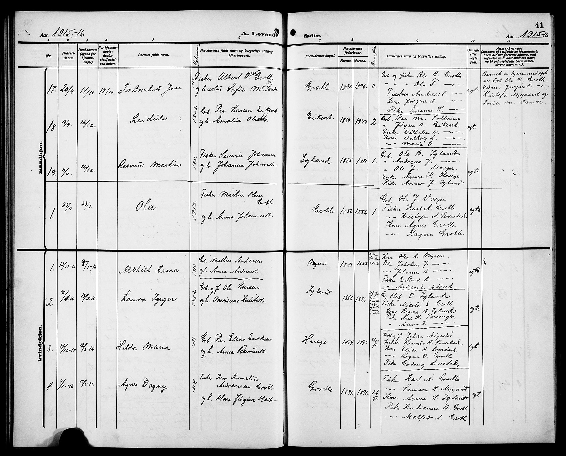 Bremanger sokneprestembete, SAB/A-82201/H/Hab/Habc/L0001: Parish register (copy) no. C 1, 1908-1919, p. 41
