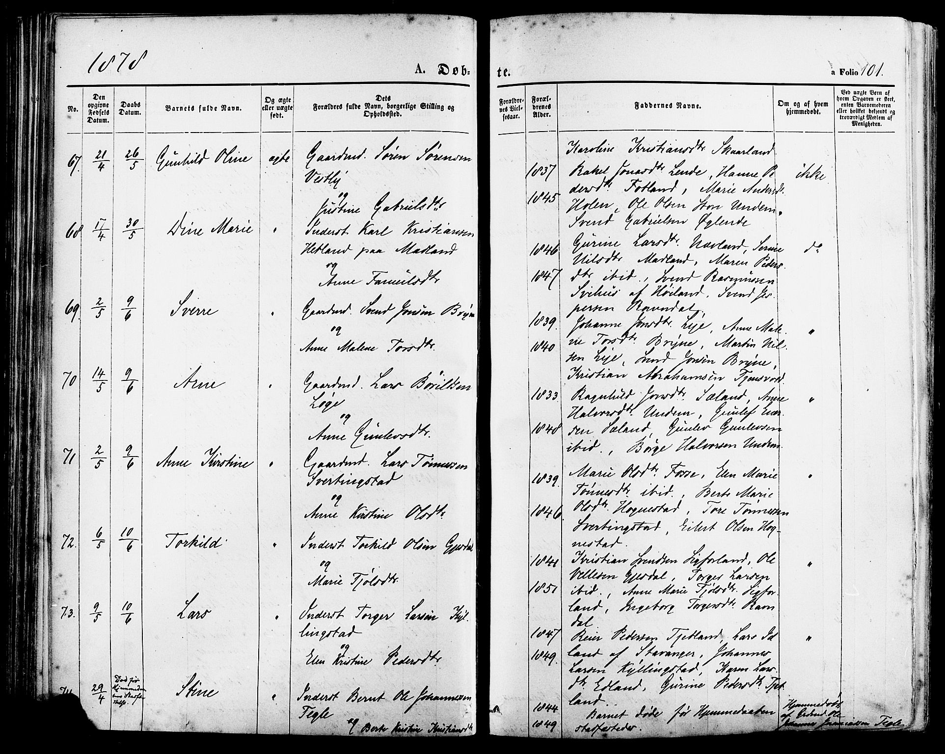 Lye sokneprestkontor, SAST/A-101794/001/30BA/L0008: Parish register (official) no. A 7, 1872-1881, p. 101