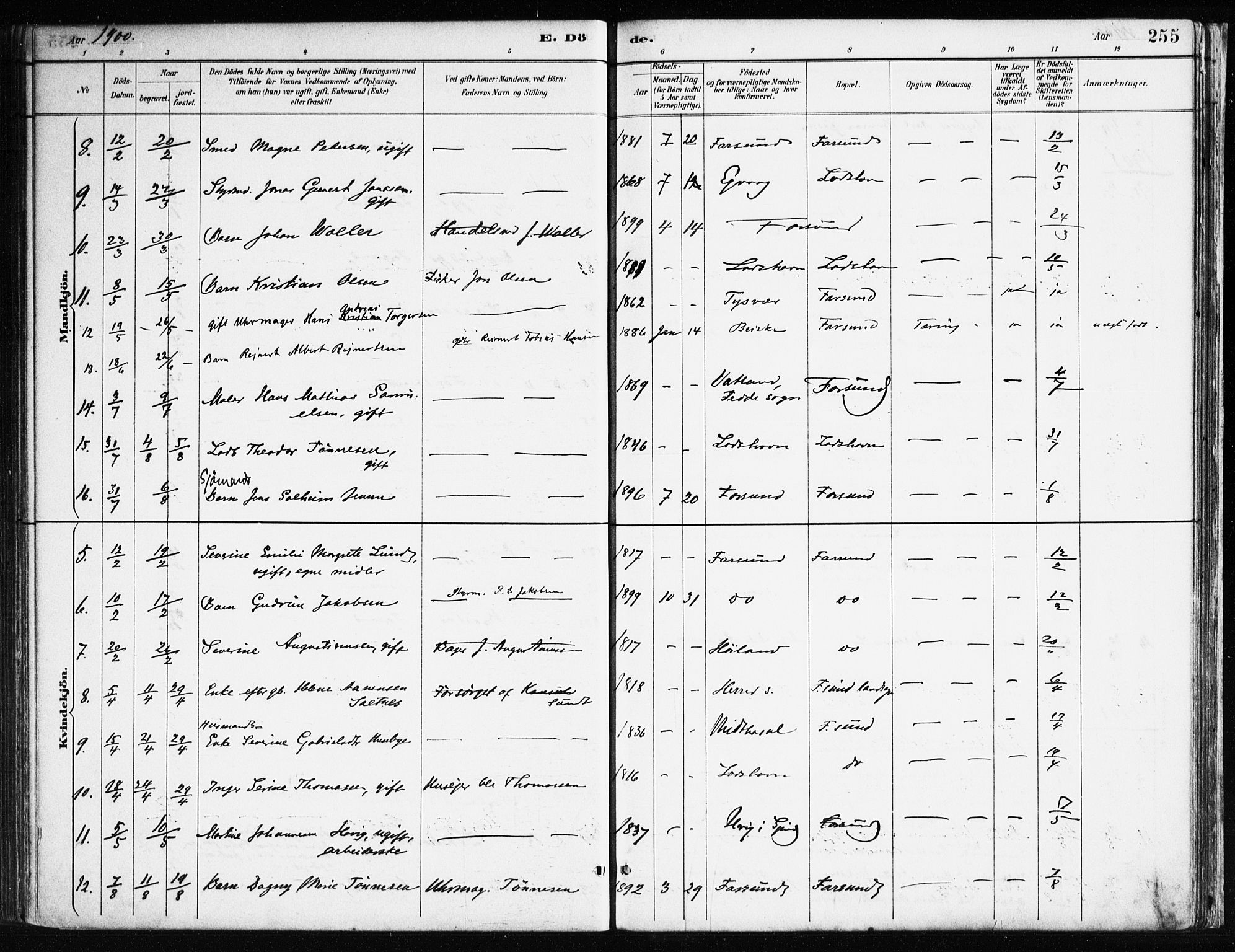 Farsund sokneprestkontor, SAK/1111-0009/F/Fa/L0006: Parish register (official) no. A 6, 1887-1920, p. 255