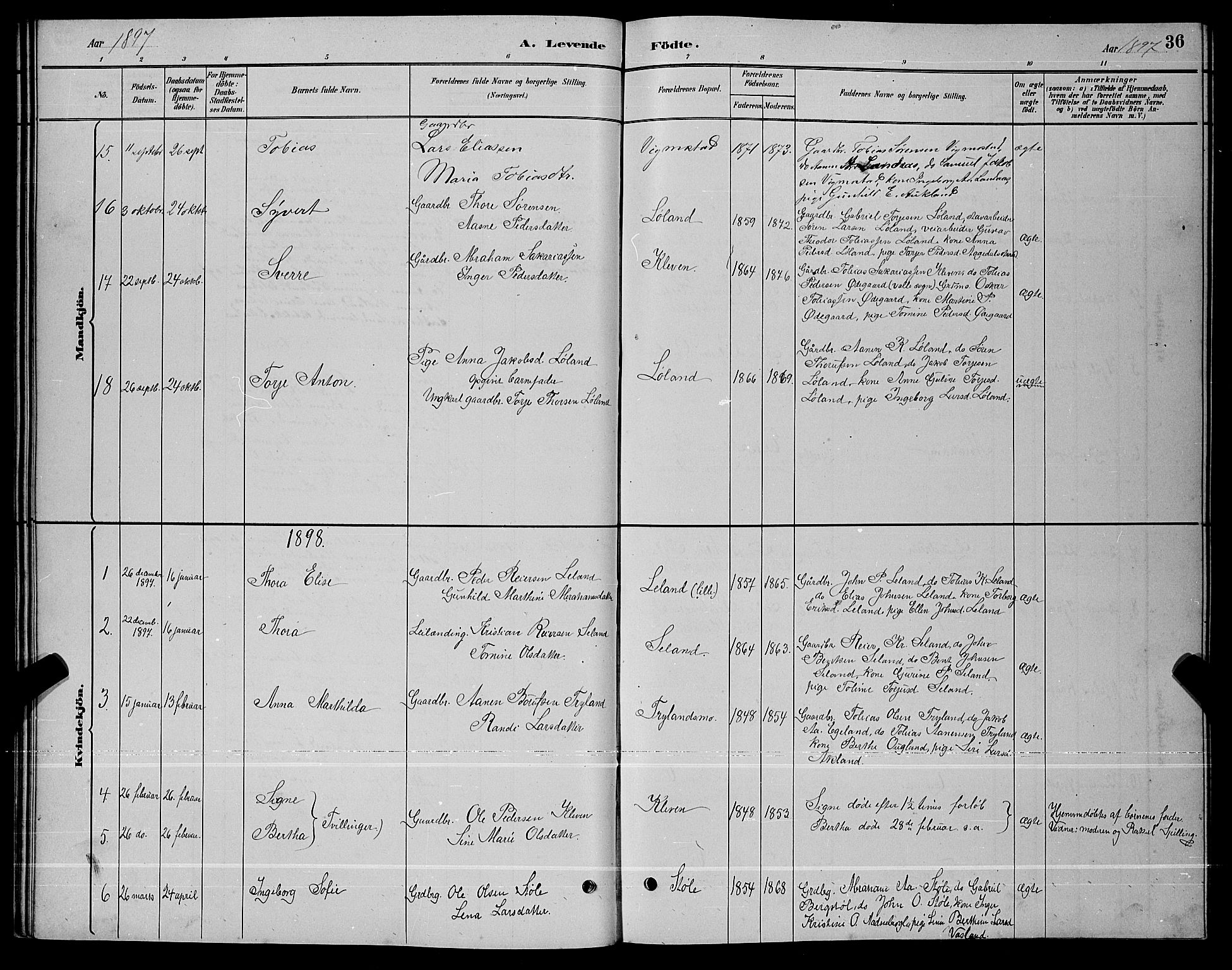 Nord-Audnedal sokneprestkontor, AV/SAK-1111-0032/F/Fb/Fbb/L0003: Parish register (copy) no. B 3, 1882-1900, p. 36