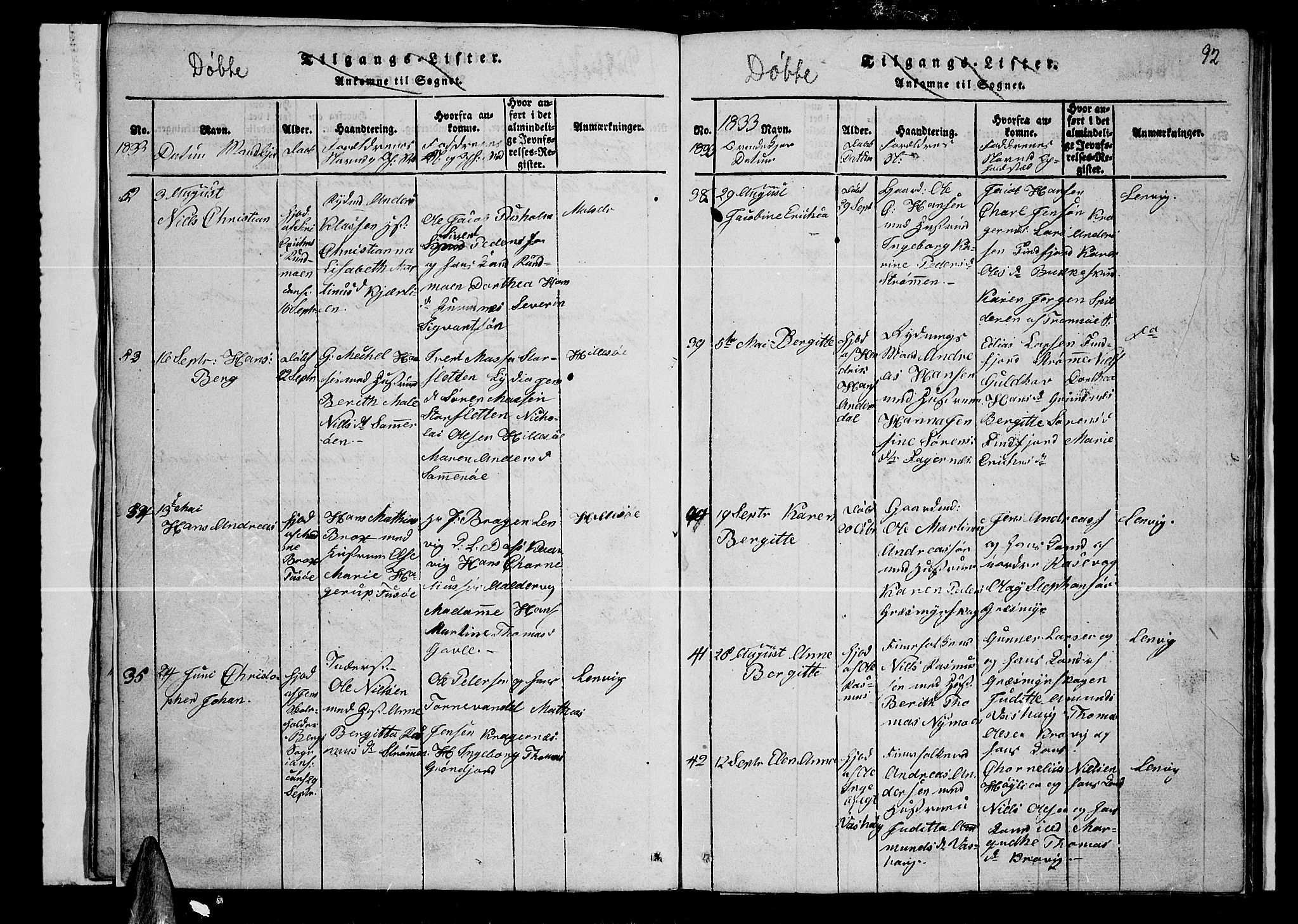 Lenvik sokneprestembete, AV/SATØ-S-1310/H/Ha/Hab/L0001klokker: Parish register (copy) no. 1, 1822-1837, p. 92