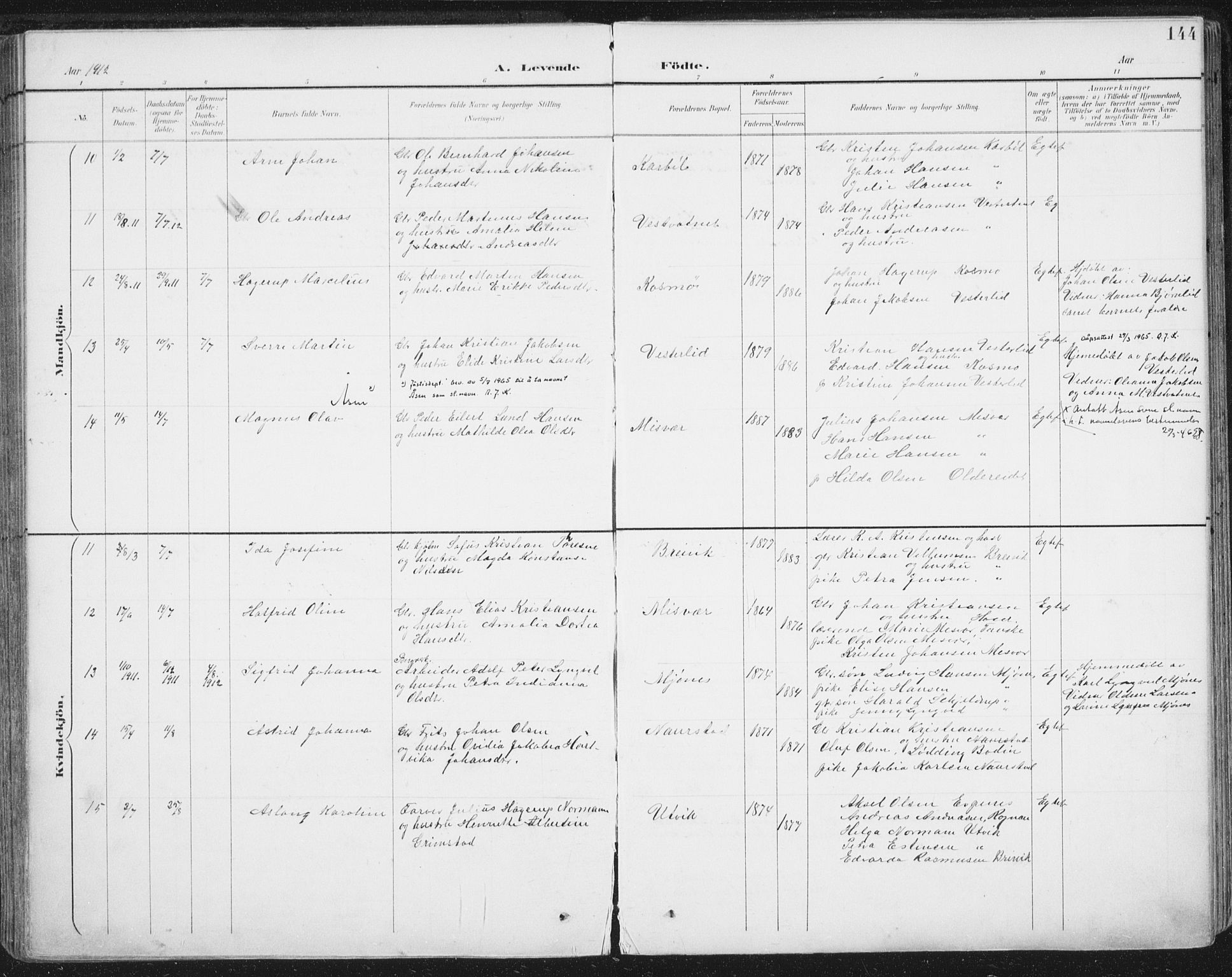 Ministerialprotokoller, klokkerbøker og fødselsregistre - Nordland, SAT/A-1459/852/L0741: Parish register (official) no. 852A11, 1894-1917, p. 144