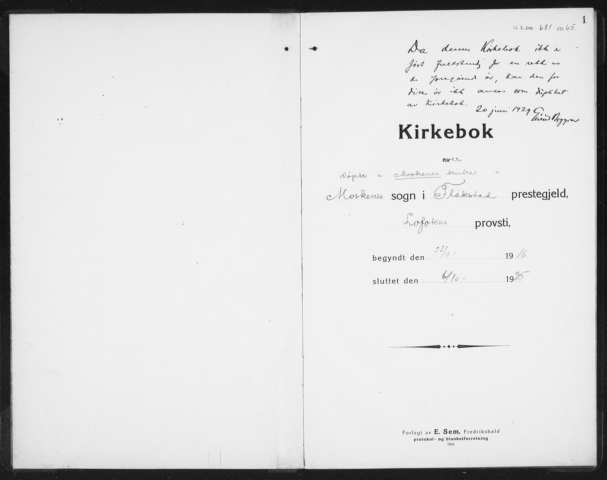 Ministerialprotokoller, klokkerbøker og fødselsregistre - Nordland, SAT/A-1459/886/L1226: Parish register (copy) no. 886C03, 1916-1935, p. 1