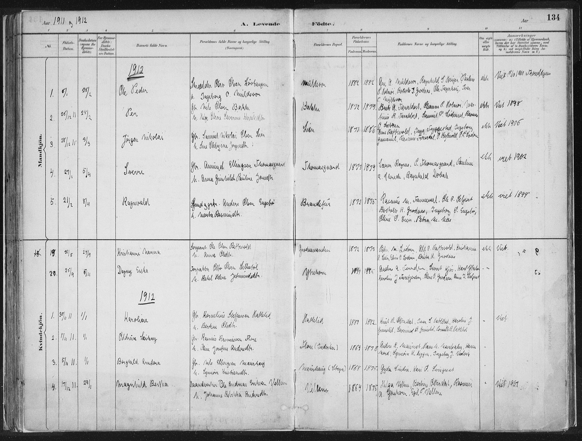 Hornindal sokneprestembete, AV/SAB-A-82401/H/Haa/Haaa/L0003/0001: Parish register (official) no. A 3A, 1887-1917, p. 134